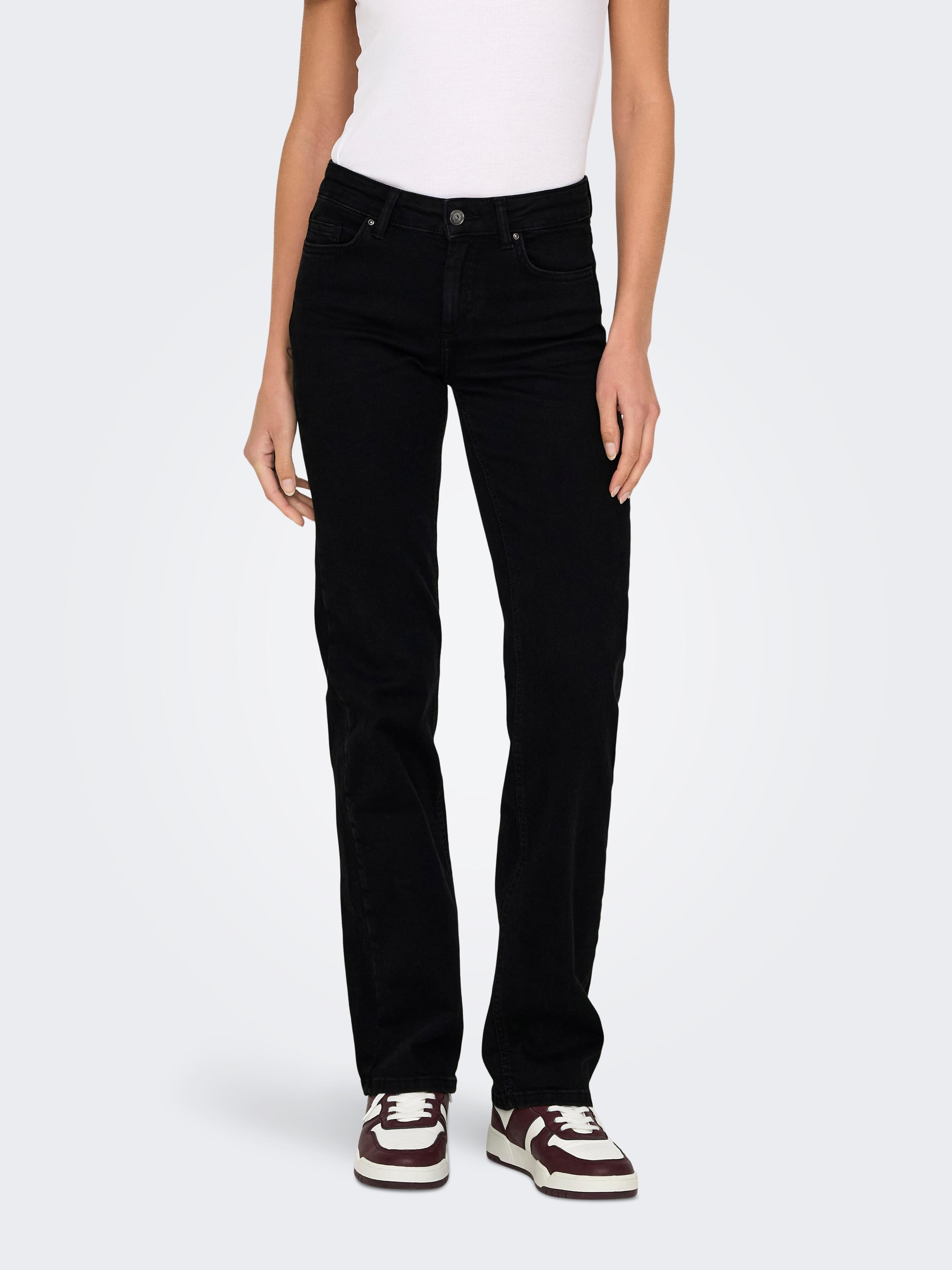 Straight-Jeans Only "Onlblush Mid Straight Dnm REA2343 Noos", Damen, Gr. M (38), LäNge 30, Schwarz (Schwarz Denim), Denim/Jeans, Obermaterial: 92% Baumwolle, 6% Elastomultiester, 2% Elasthan, Unifarben, Straight Fit, Jeans Straight-Jeans