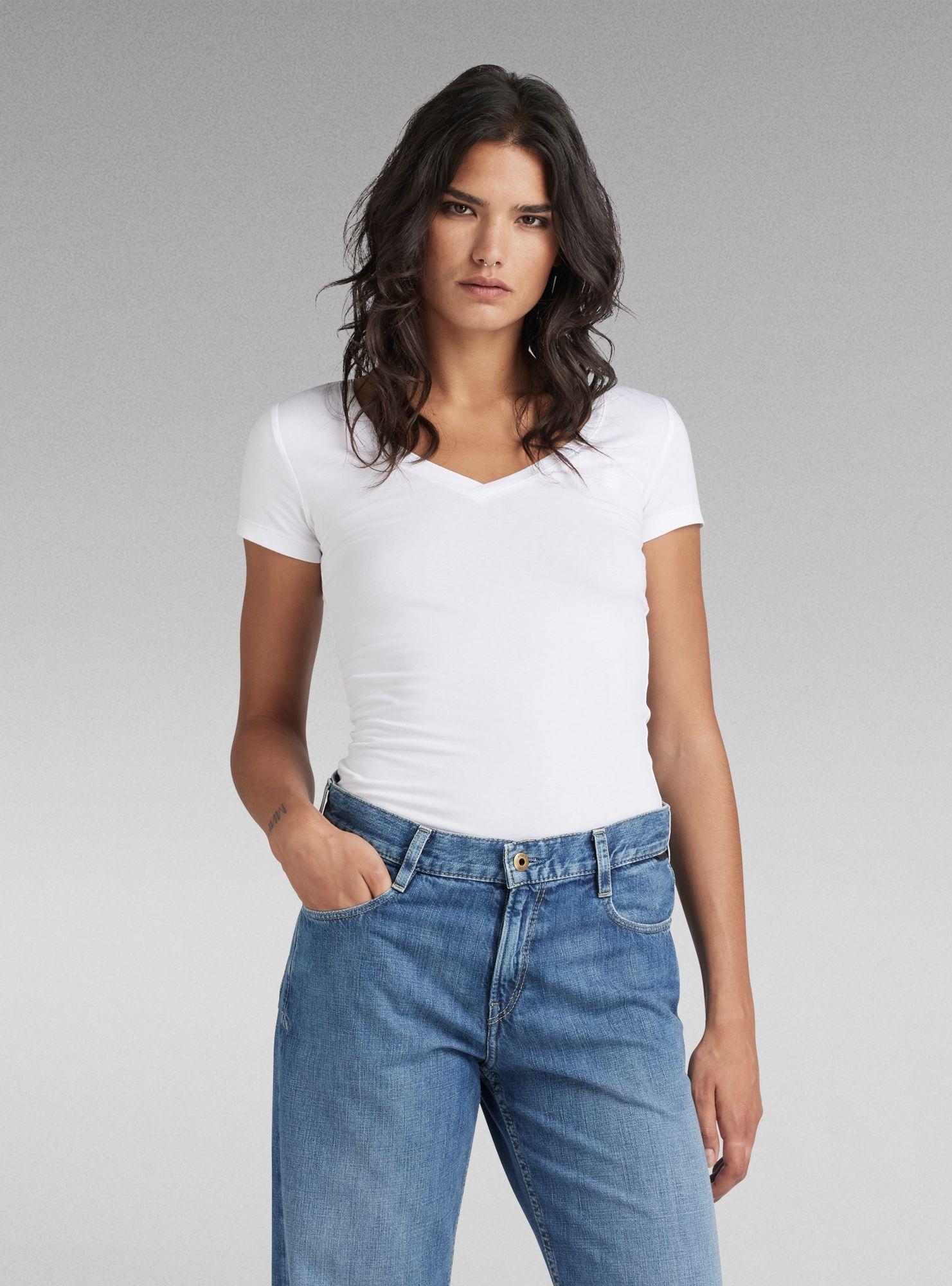 T-Shirt G-Star "Base V-Neck Cap Top", Damen, Gr. M, Weiß, Obermaterial: 95% Baumwolle, 5% Elasthan, Shirts T-Shirt