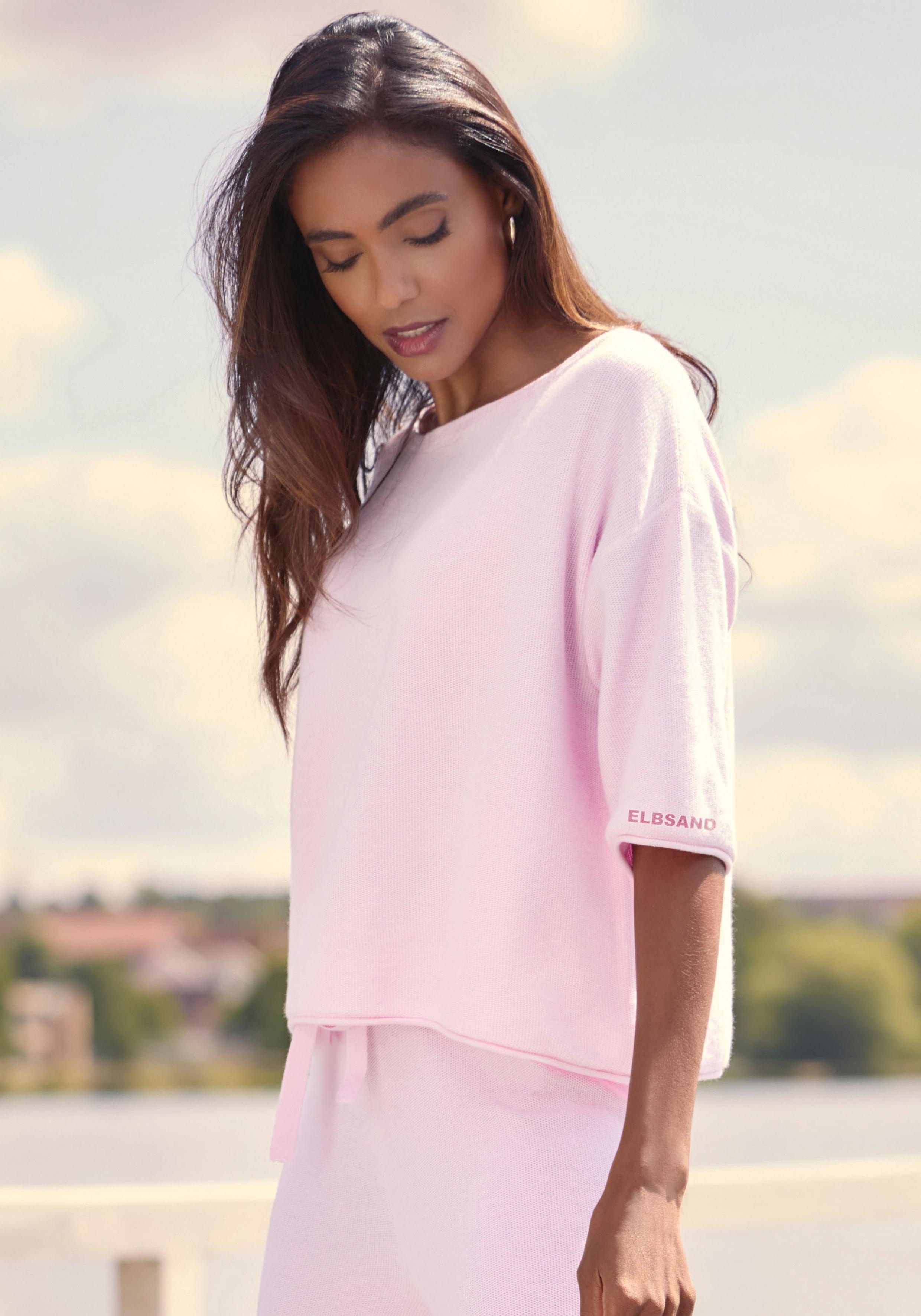 3/4-Arm-Shirt Elbsand, Damen, Gr. 32/34, Rosa, Feinstrick, Obermaterial: 55% Baumwolle, 45% Nylon, Unifarben, Weit HüFtlang, U-Boot-Ausschnitt, Eingesetzt, Shirts 3/4-Arm-Shirt, Mit U-Boot Ausschnitt, Loungewear