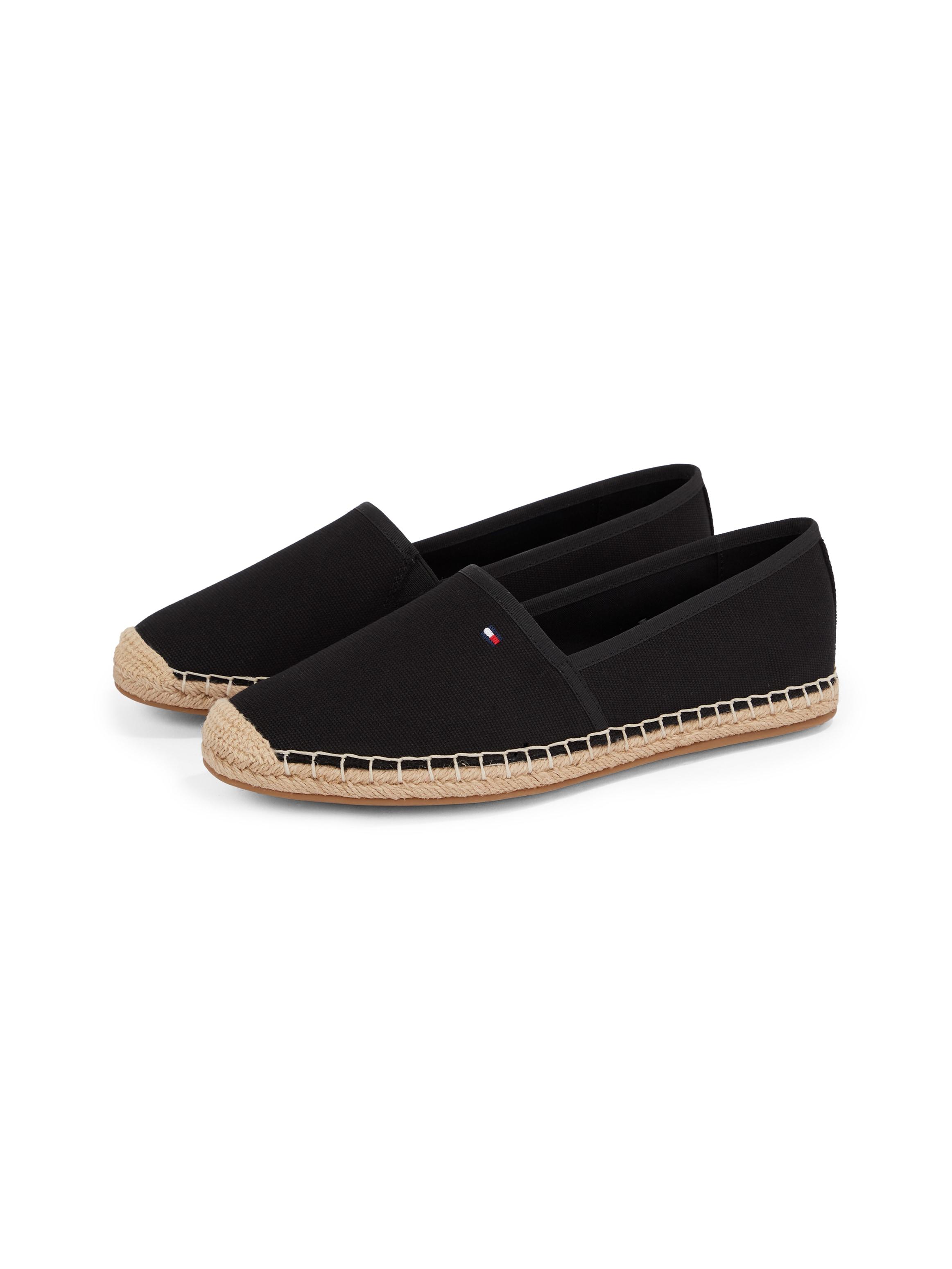 Espadrille Tommy Hilfiger "Flag Canvas Espadrille", Damen, Gr. 37, Schwarz, Baumwolle, Unifarben, Schuhe Espadrille, Slipper, Flats, Bequemschuh, Jutebezug Und ZiernäHten, Schmale Form, Topseller