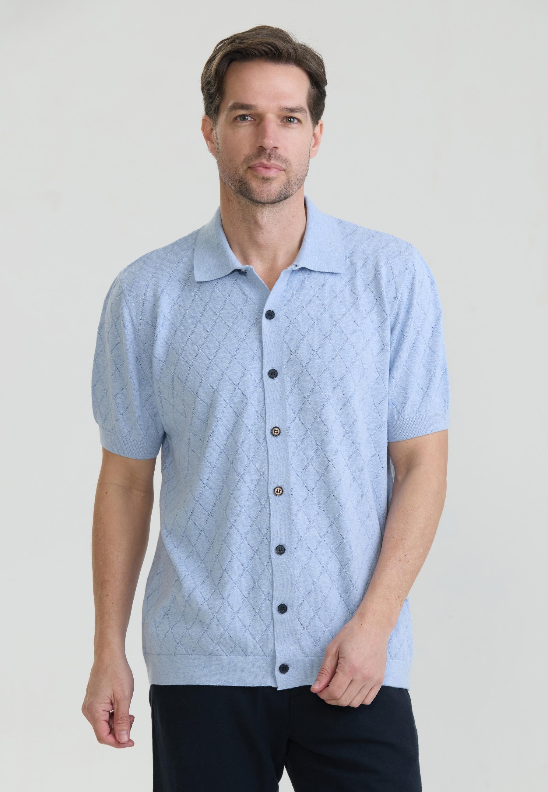 Kurzarmhemd Felix Hardy "KurzäRmeliges Basic-Strickhemd Mit KnöPfen", Herren, Gr. L, NormalgrößEn, Blau, 100% Baumwolle, Hemden
