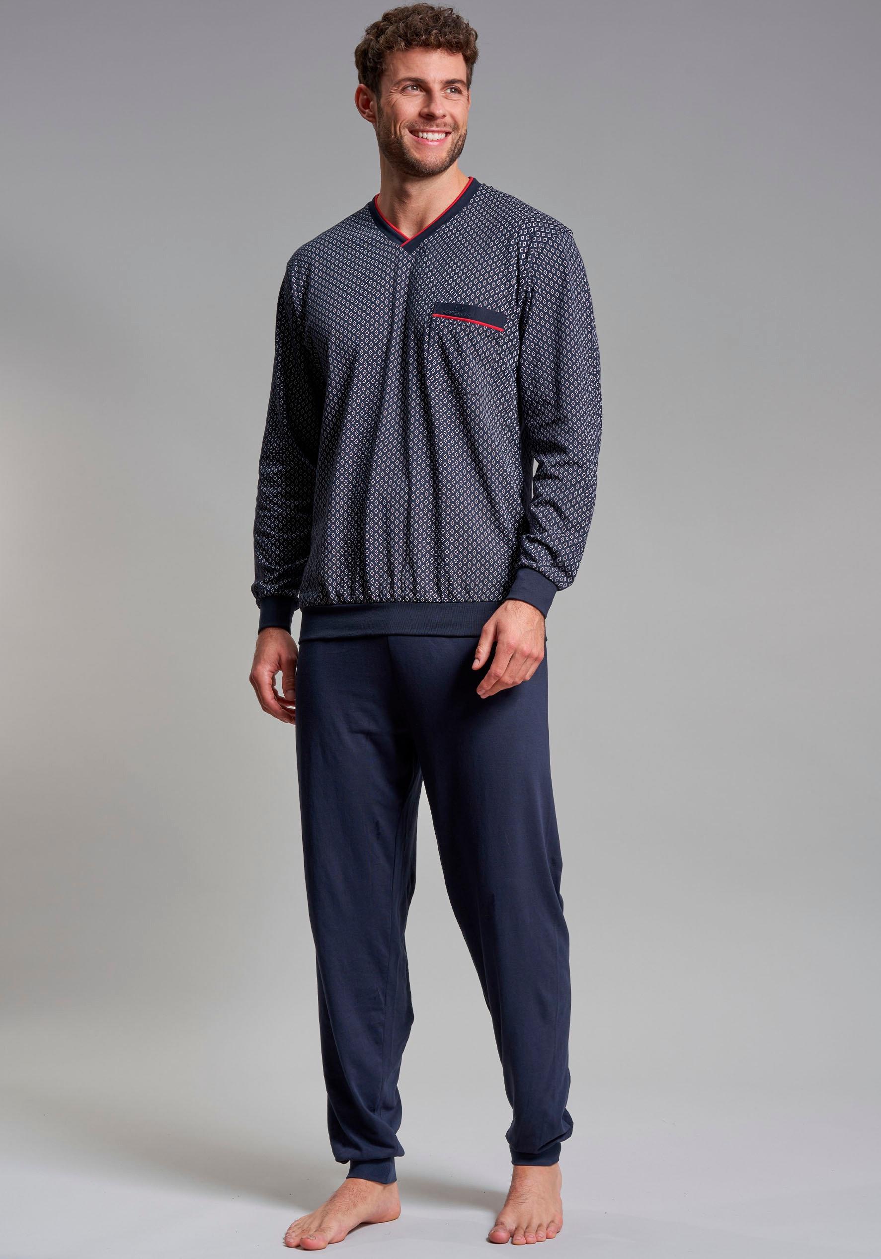 Pyjama GÖTzburg "Manhattan", Herren, Gr. 52L, Blau (Navy), Single Jersey, Obermaterial: 100% Baumwolle, Bedruckt, Gemustert, Bequem Lang, V-Ausschnitt, Angesetztes BüNdchen, Homewear-Sets Pyjama, Langarm, V-Ausschnitt, Lange Hose, V-Ausschnitt, Baumwolle