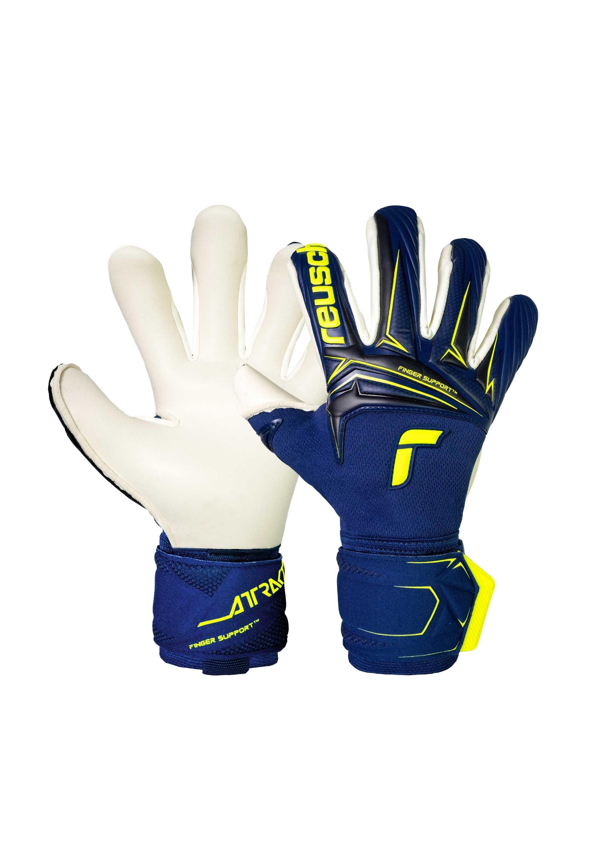 Torwarthandschuhe Reusch "Attrakt Duo Finger Support", Damen, Gr. 8, Dunkelblau, Gelb, 42% Latex, 24% Polyester, 18% Polypropylen, 7% Polyamid, 6% Synthetik, 3% Polyurethan, Handschuhe, Mit Integriertem Fingersupport-System