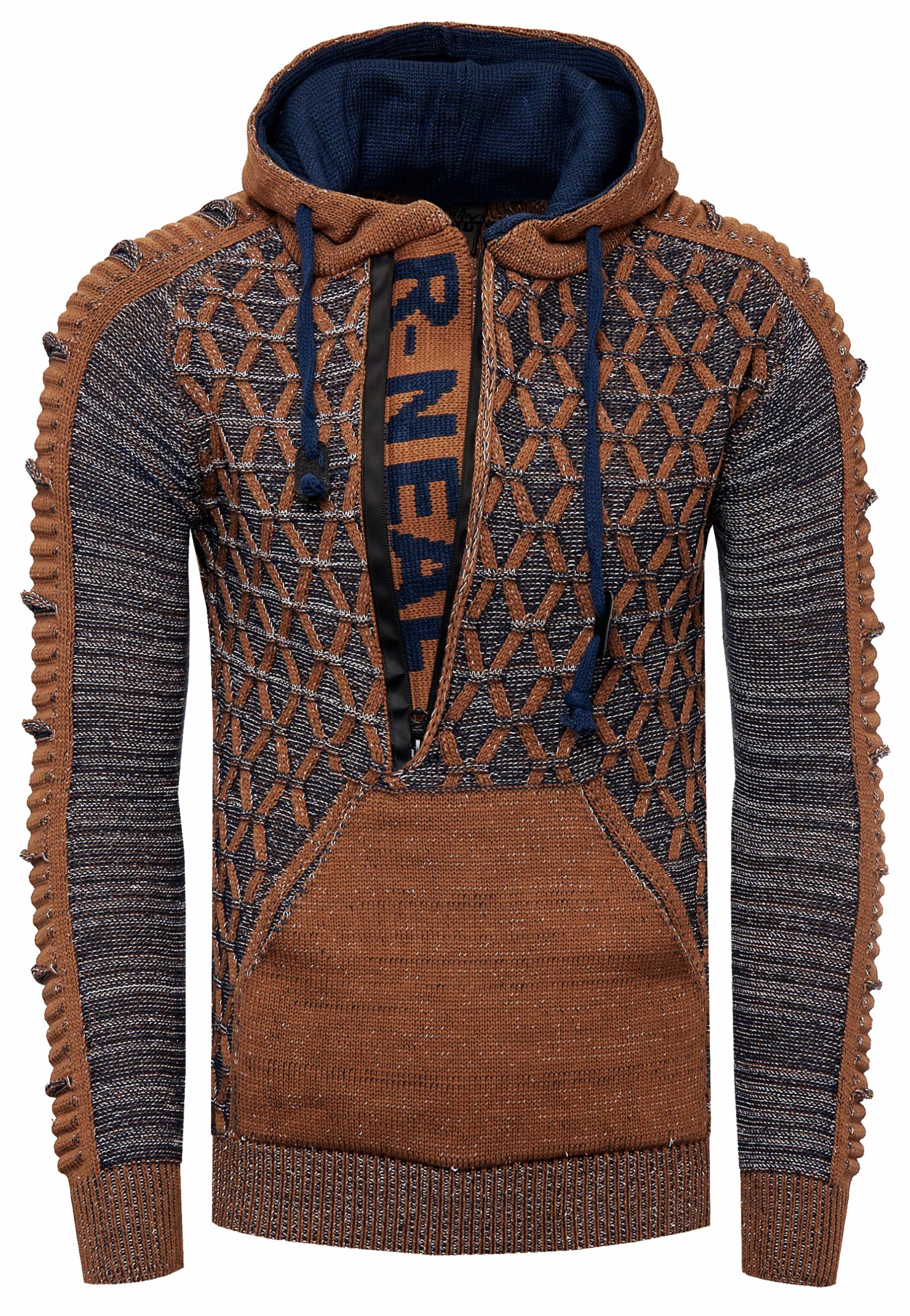 1/2 Zip Kontrast Grobstrick Kapuzen-Pullover