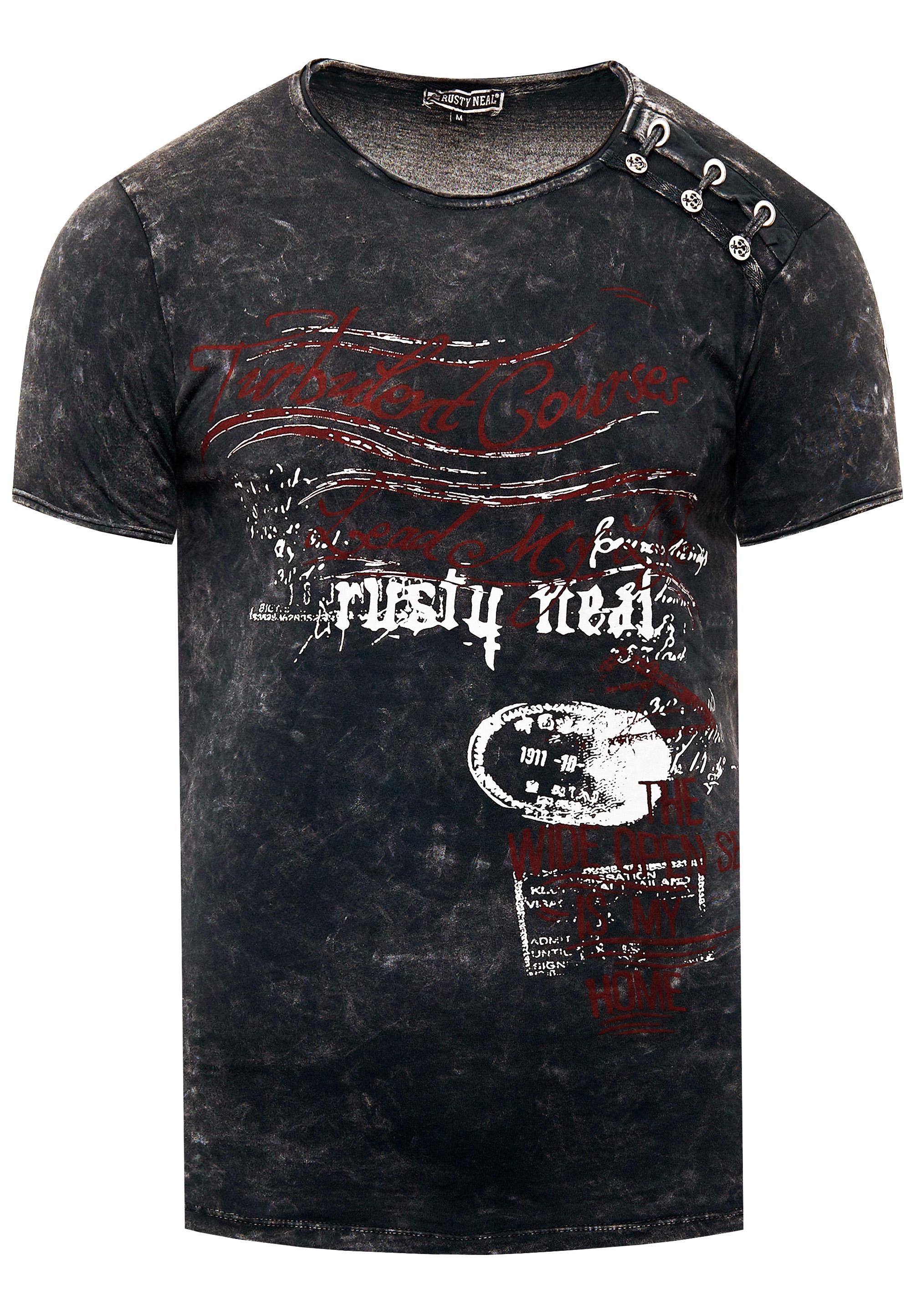 Oil-Washed T-Shirt Mit Seitlicher Knopfleiste Und Prints