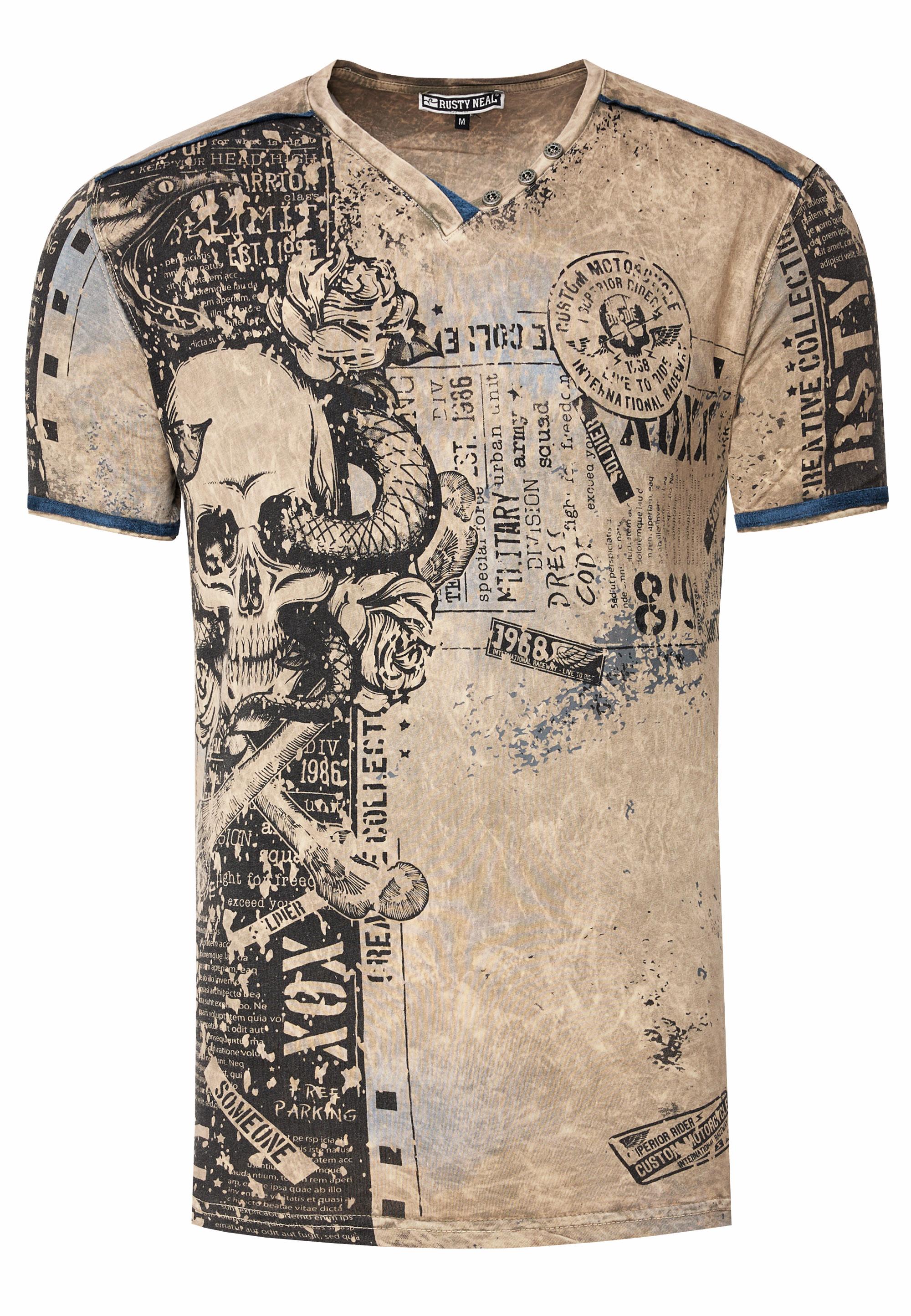 V-Neck T-Shirt Mit All Over Skull X Snake Print Und Wildleder-Details