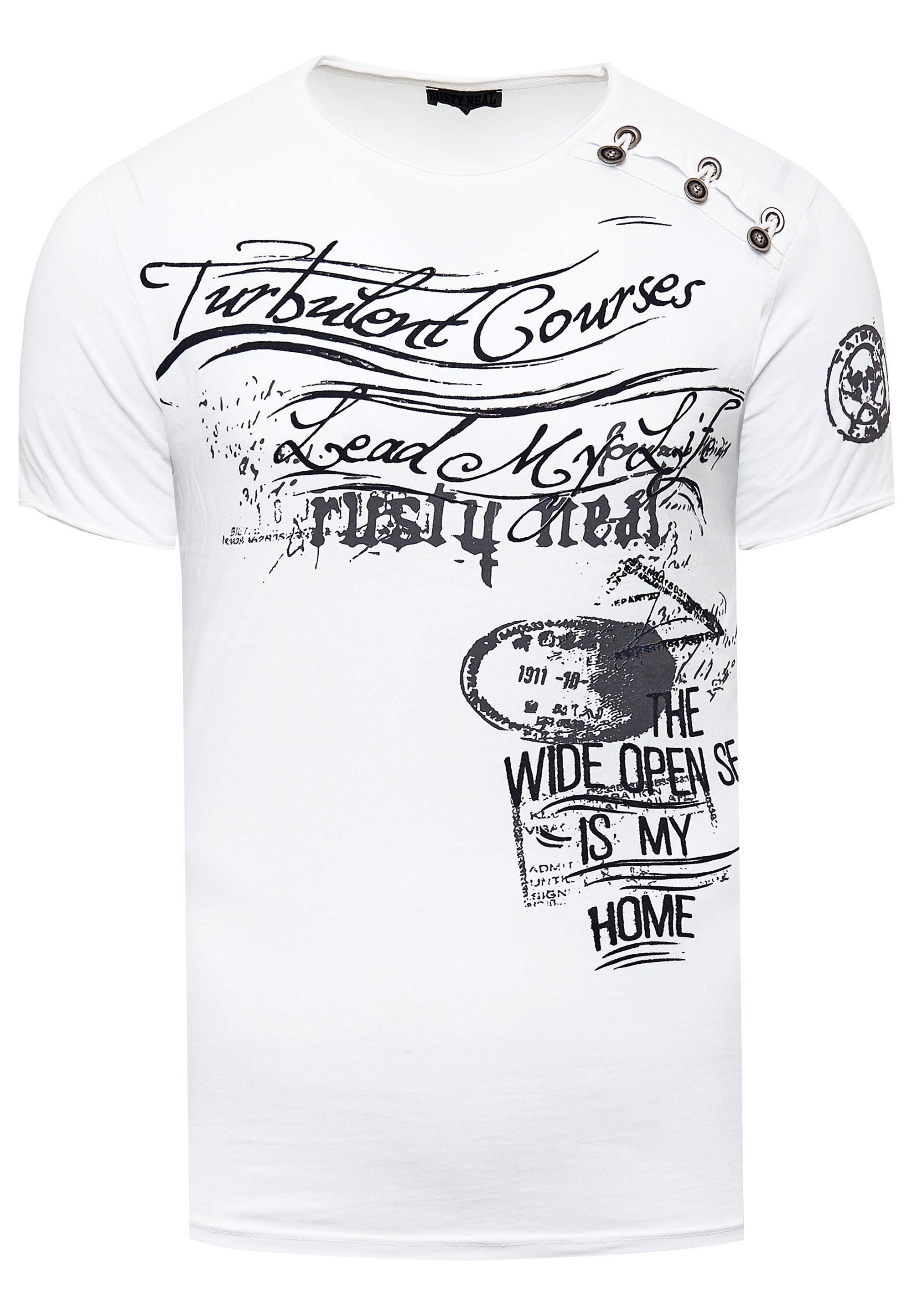 Oil-Washed T-Shirt Mit Seitlicher Knopfleiste Und Prints