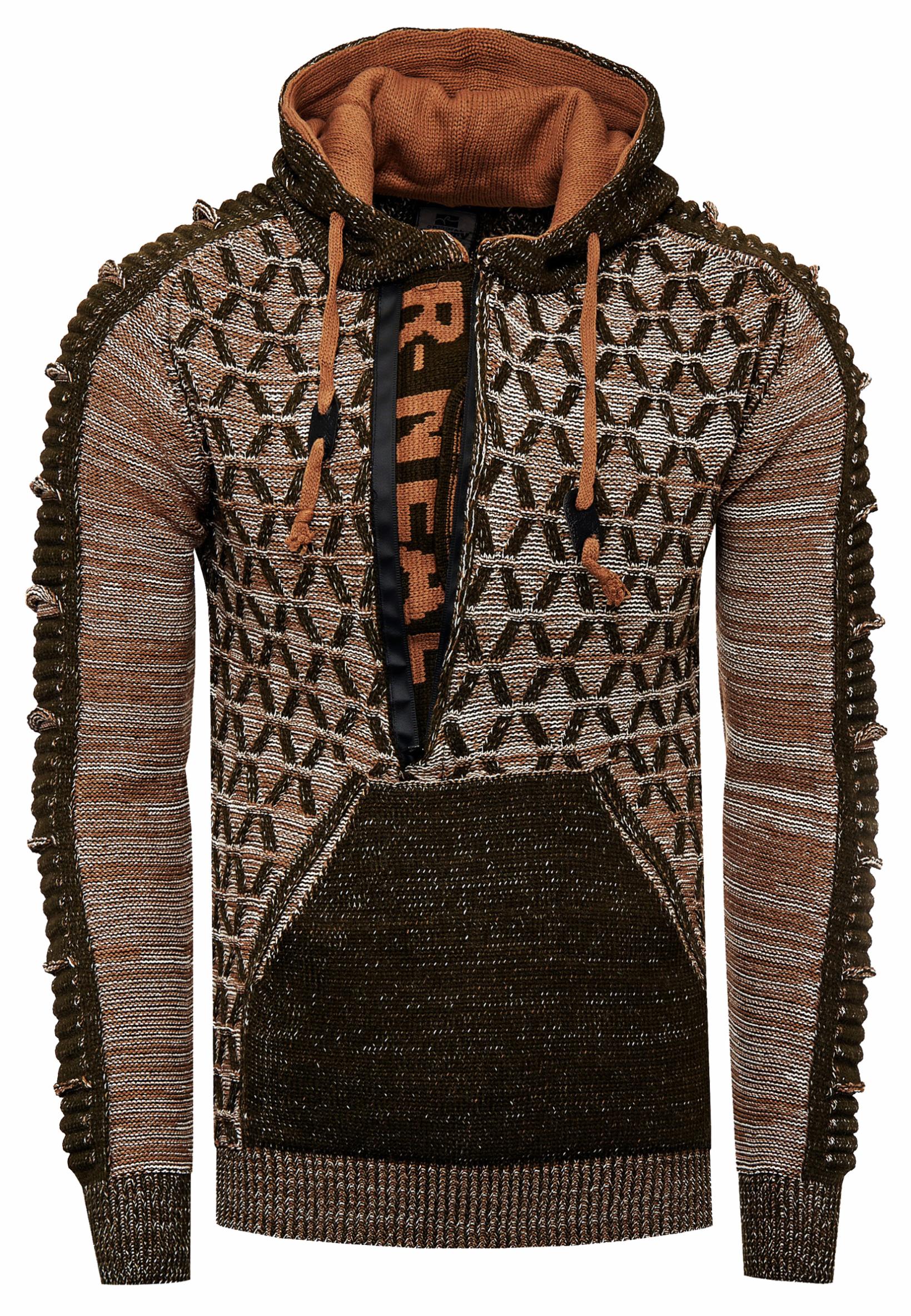 1/2 Zip Kontrast Grobstrick Kapuzen-Pullover