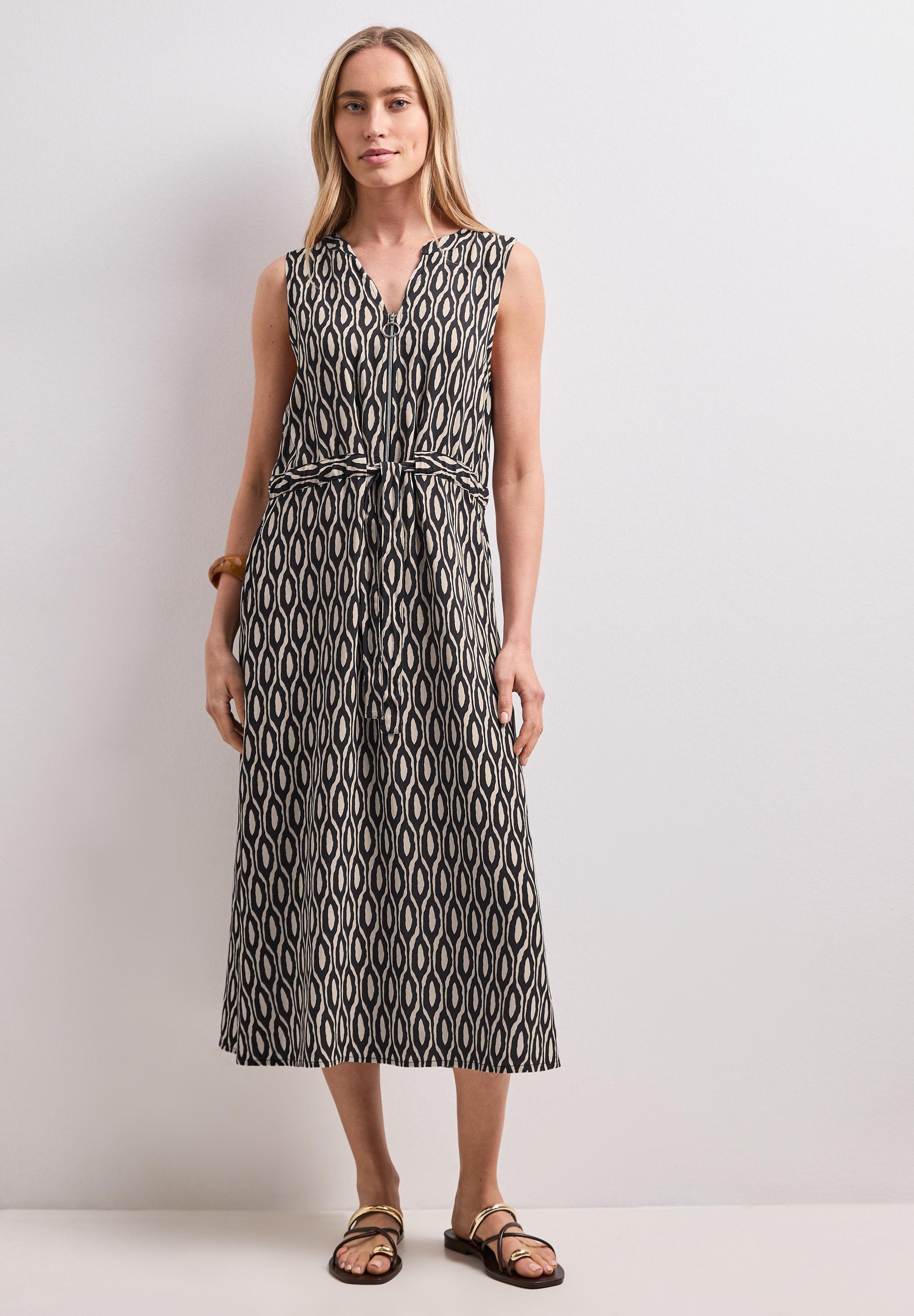 Midikleid Street One, Damen, Gr. 46, Euro-GrößEn, Clay Sand, Stoff, 100% Viskose, Gemustert, Normal Wadenlang, V-Ausschnitt, Abgesteppt, Kleider Midikleid, Mit Zipper-Detail