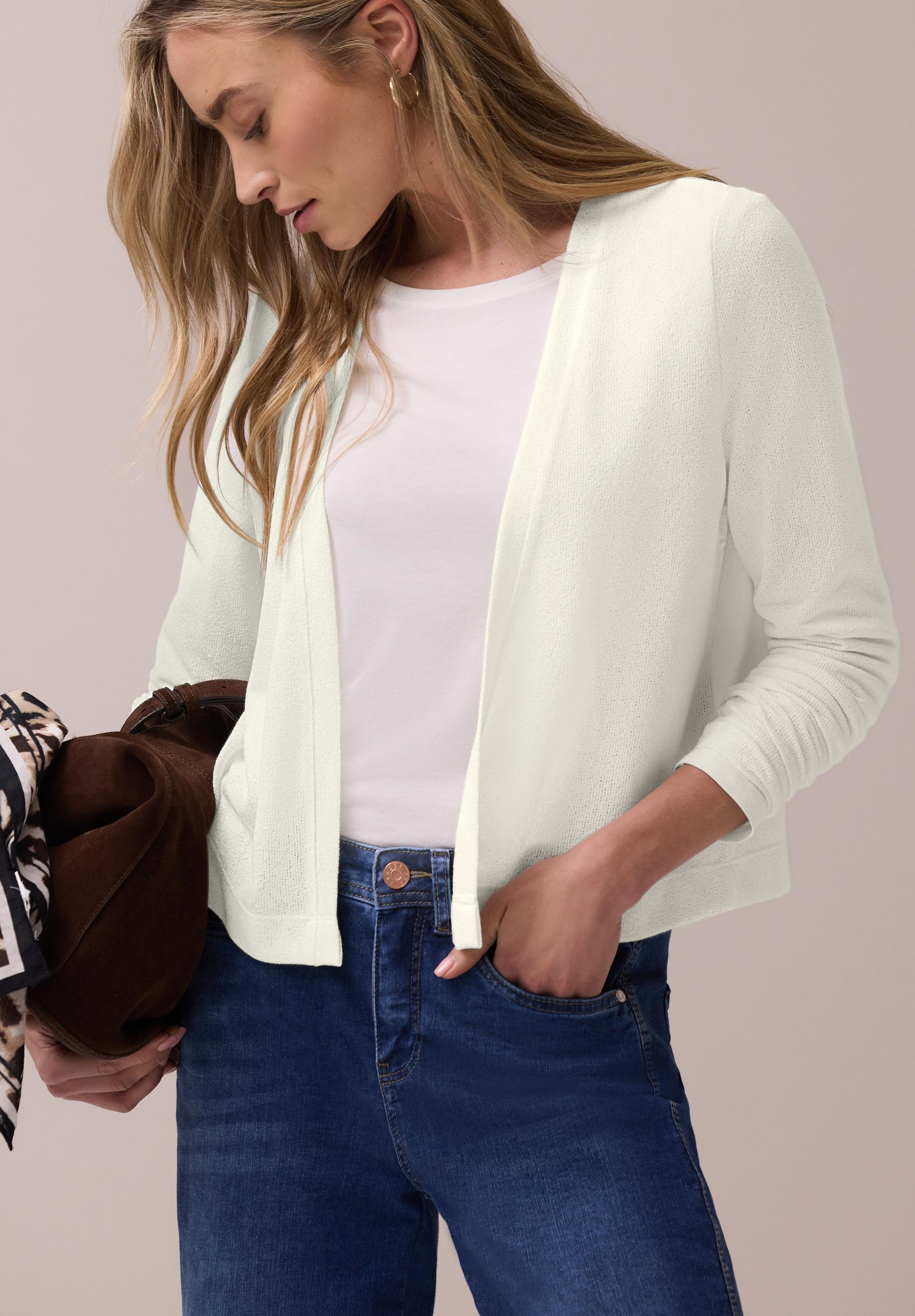 Strickjacke Street One "Style Nette", Damen, Gr. 36, Weiß (Sanftes Weiß), Jersey, Obermaterial: 60% Viskose, 40% Polyester, Normal HüFtbedeckend, V-Ausschnitt, Abgerundeter Saum, Strickjacken Strickjacke, In Offener Passform