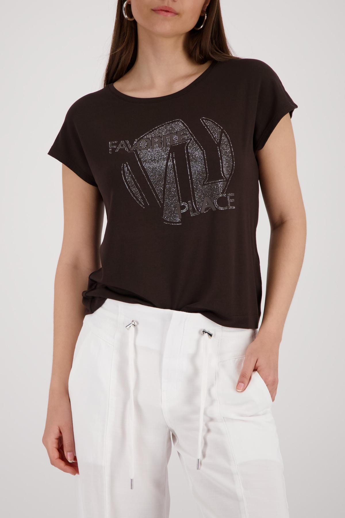 T-Shirt Monari "Shirt Schmuck", Damen, Gr. 36, Braun, Web, Obermaterial: 45% Modal, 45% Viskose, 10% Elasthan, Unifarben, Regular Fit Taillenbedeckt, Rundhals, Angeschnitten Gerader Abschluss, Shirts T-Shirt, Regular Fit Mit Strasssteinen
