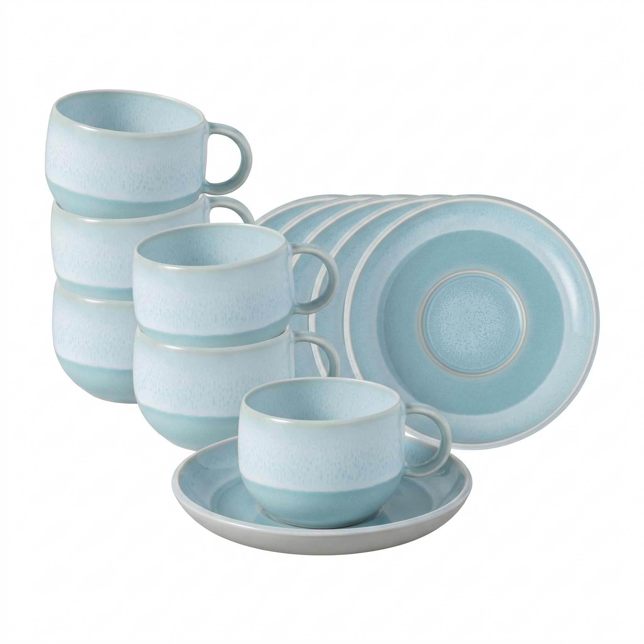 Tasse "Espressotassen Mit Untertassen Perlemor Aqua 60 Ml 6Er Set Blau", Blau, B:12Cm H:6,5Cm Ø:12Cm, Porzellan, Like. BY Villeroy & Boch, TrinkgefäßE, Tasse, SpüLmaschinengeeignet, Mikrowellengeeignet