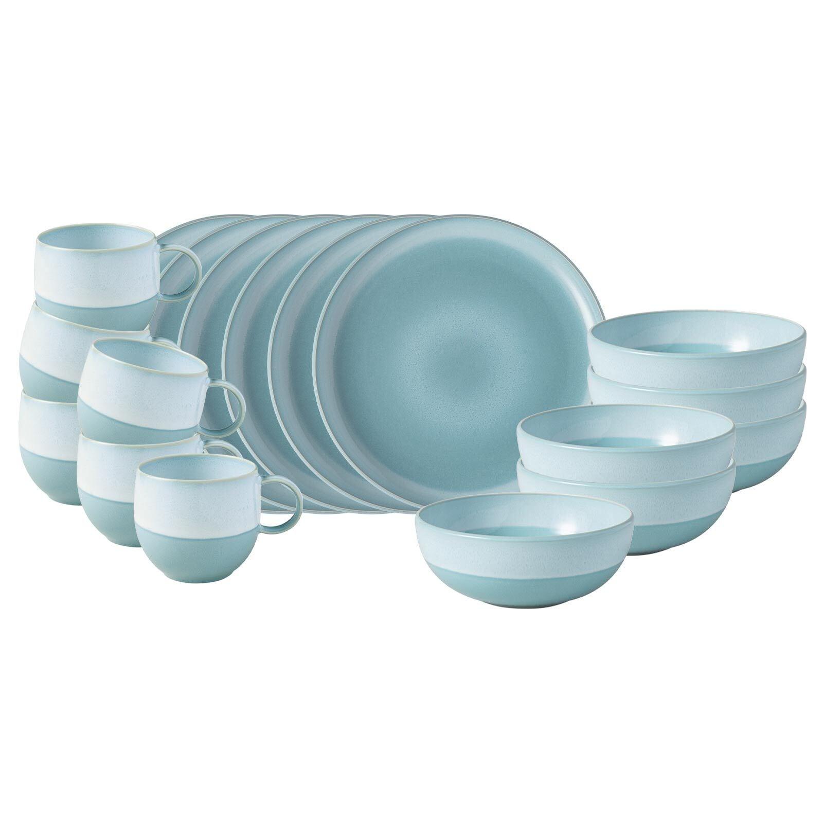 Geschirr-Set "FrüHstüCks-Set Perlemor Aqua 18Er Set Blau", Blau, 18, Porzellan, Like. By Villeroy & Boch, Geschirr-Sets, Geschirr-Set, SpüLmaschinengeeignet, Mikrowellengeeignet