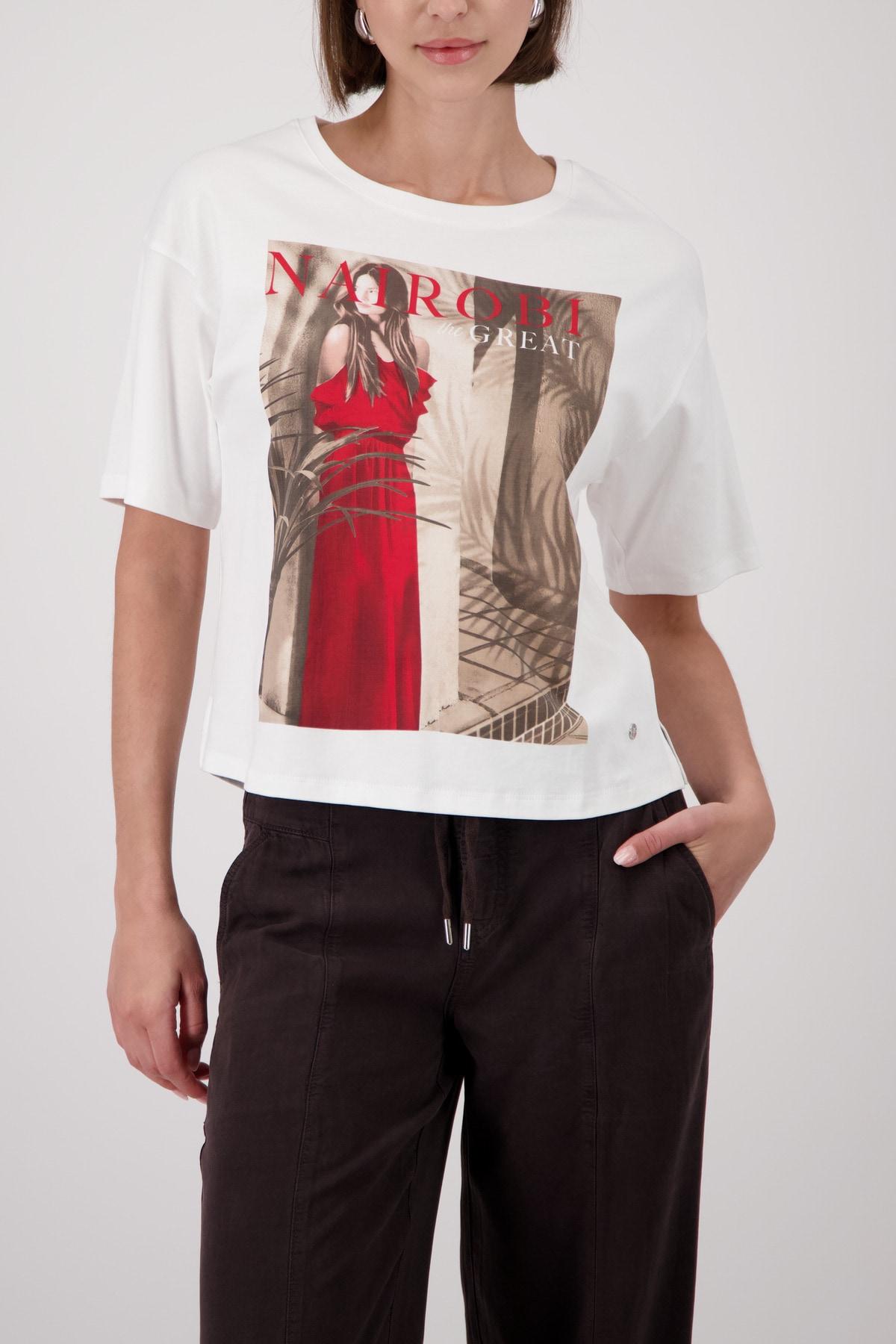 T-Shirt Monari "Shirt Frau", Damen, Gr. 40, Ecru, Web, Obermaterial: 100% Baumwolle, Unifarben, Regular Fit Taillenbedeckt, Rundhals, Eingesetzt Abgesteppte Kante, Shirts T-Shirt, Regular Fit Mit Frauen-Print