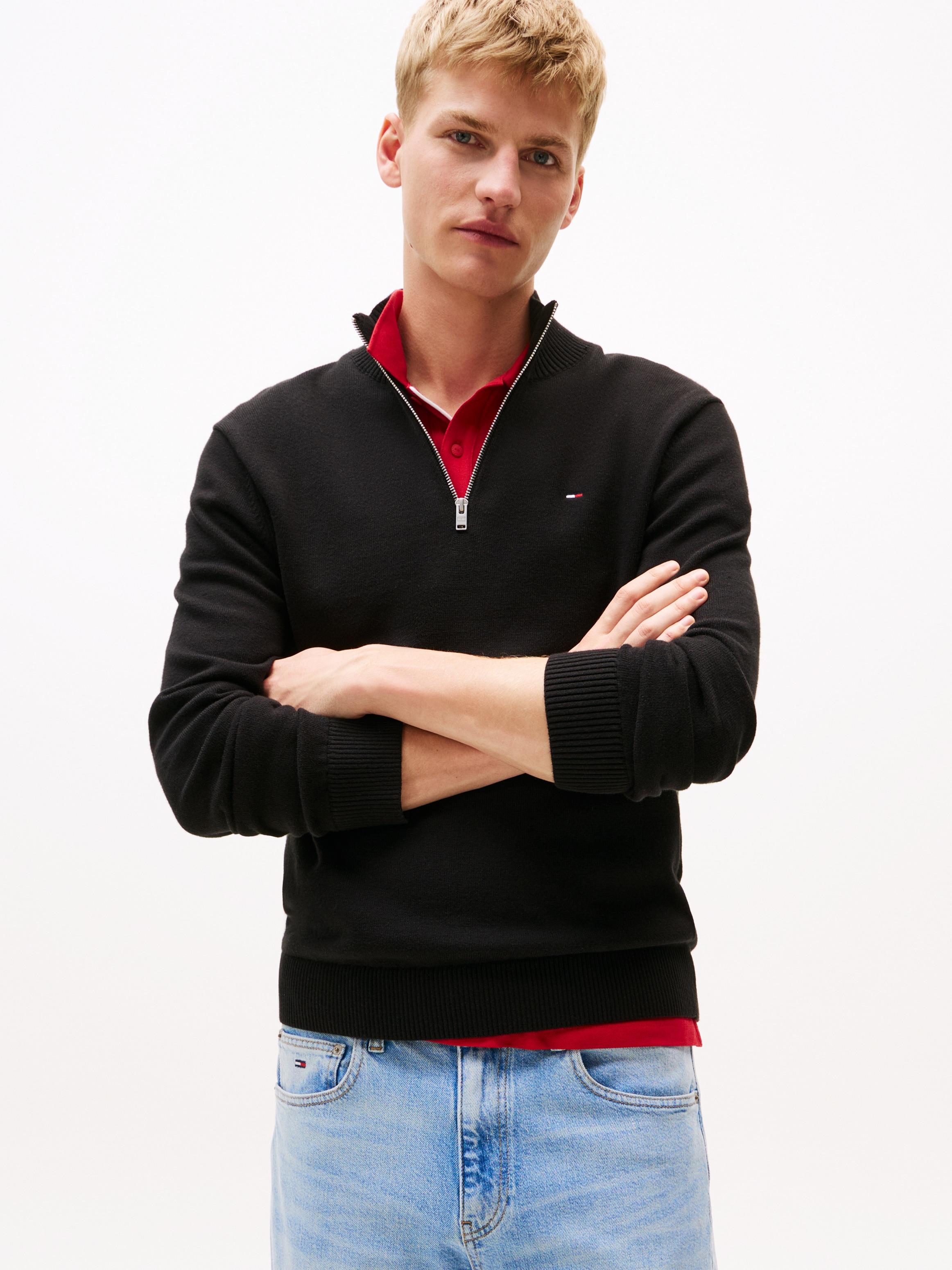 Strickpullover Tommy Jeans "Tjm Slm Ess Light ¼ Zip Swtr Ext", Herren, Gr. S, Schwarz, Strick, Obermaterial: 100% Baumwolle, Regular Fit Normal, Rundhals, Eingesetzt RippstrickbüNdchen, Pullover Strickpullover, Mit Rundhalsausschnitt