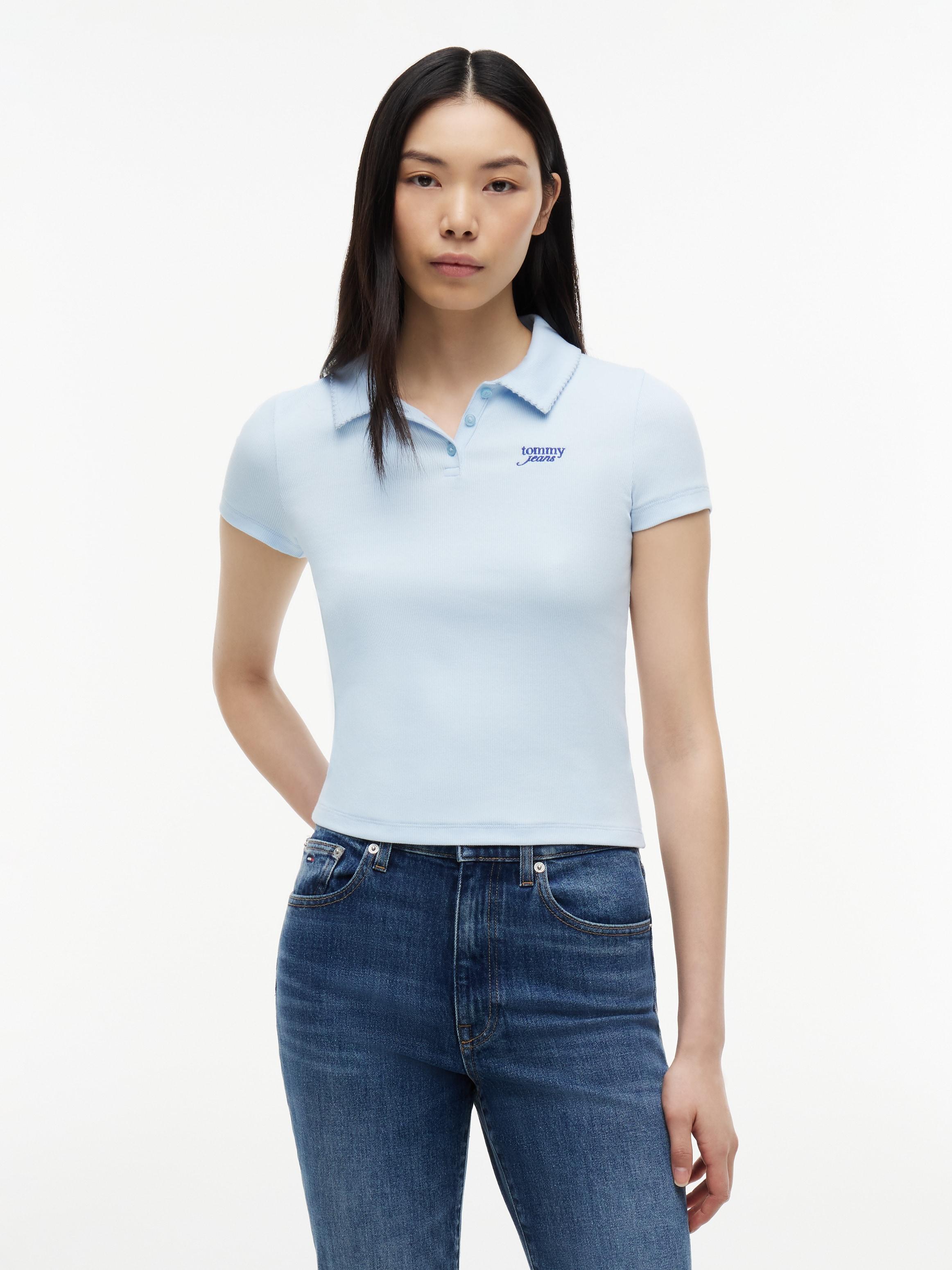 Poloshirt Tommy Jeans "Tjw Slim Rib Script Polo", Damen, Gr. Xl (46), Kingly Blau, Single Jersey, Obermaterial: 95% Baumwolle, 5% Elasthan, Unifarben, Slim Fit Normal, Rundhals, Shirts, Baumwollmischung, Slim Fit, Figurbetont, In Gerippter Struktur