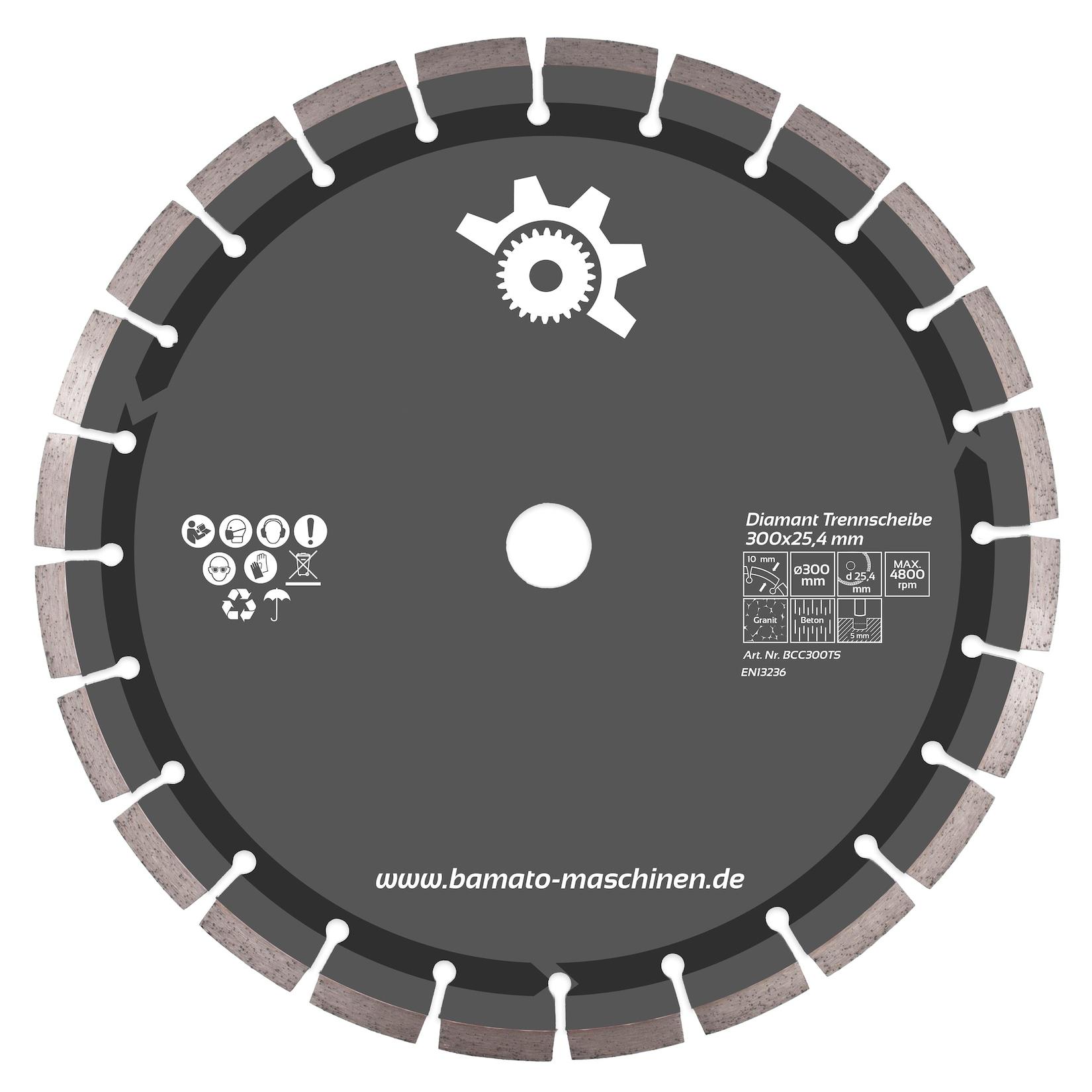 BAMATO Diamant-Trennscheibe 300 x 25,4 mm Diamanttrennscheibe für Beton, Stein, Granit, uvm. 10 mm Segmente