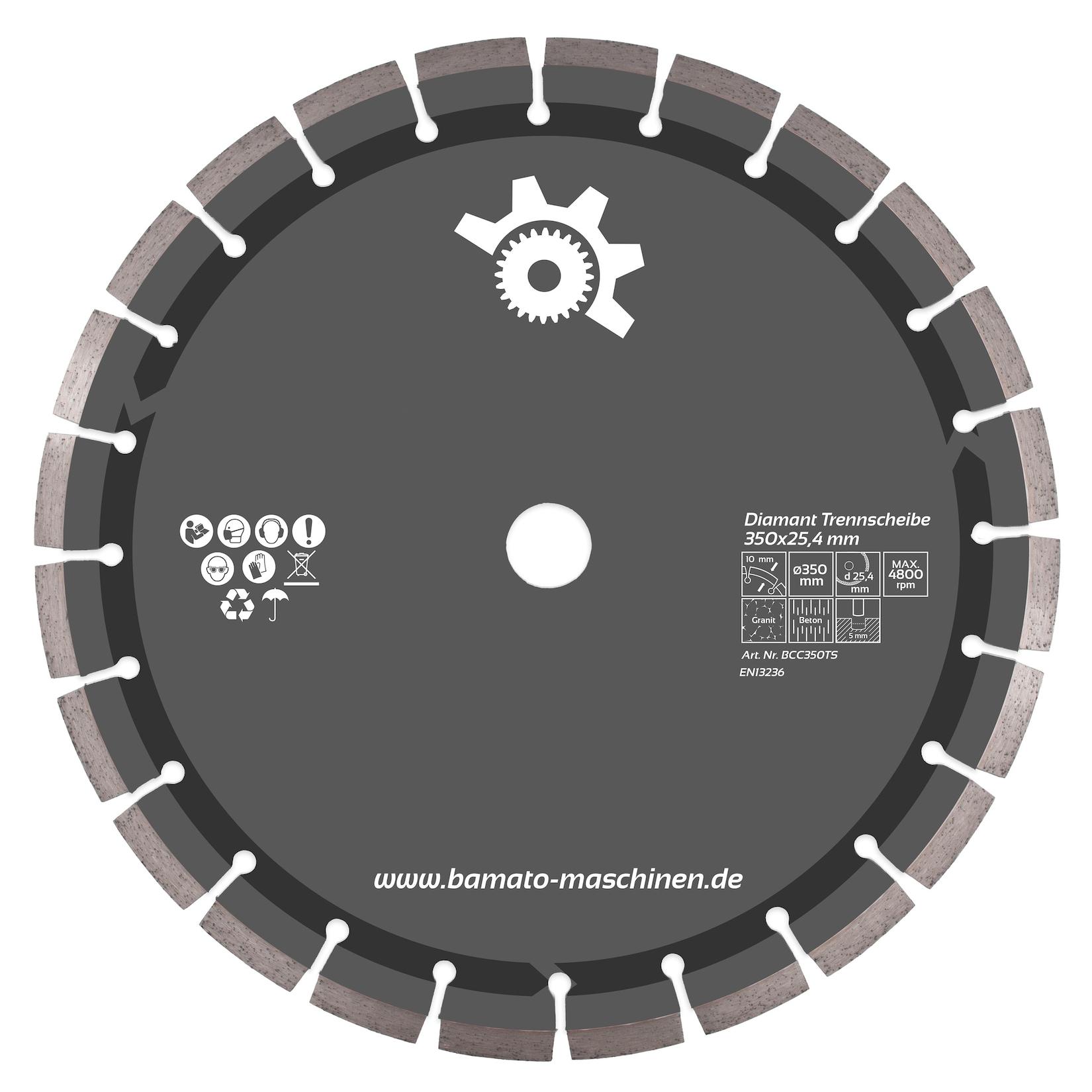 BAMATO Diamant-Trennscheibe 350 x 25,4 mm Diamanttrennscheibe für Beton, Stein, Granit, uvm. 10 mm Segmente