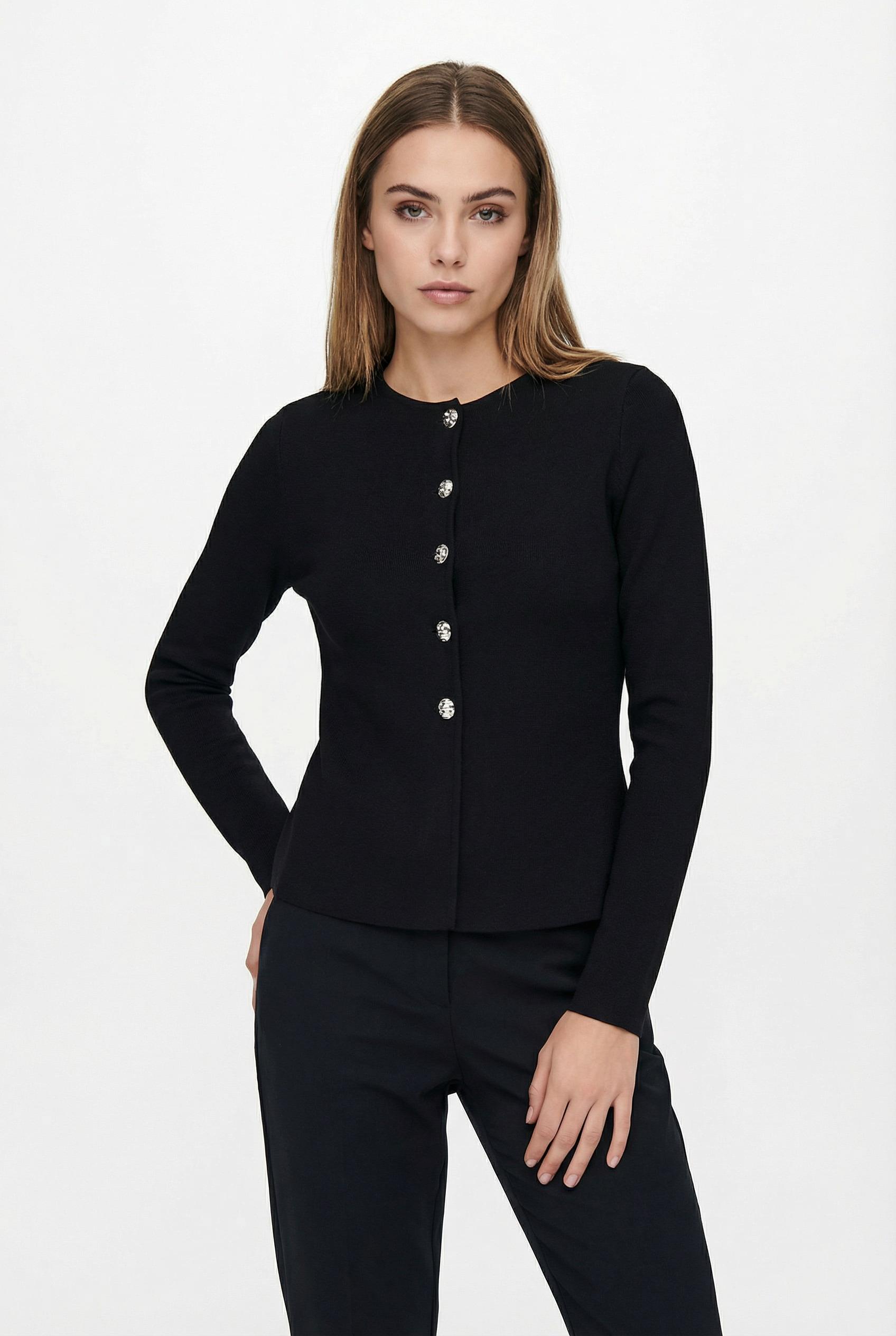 Strickjacke Only "Onlmelli Life Ls Oneck But Cardi Rp Knt", Damen, Gr. Xl, Schwarz Detail:New Silber Buttons, Strick, Obermaterial: 70% Viskose, 30% Nylon, Unifarben, Regular Fit Normal, Rundhals, Strickjacken Strickjacke