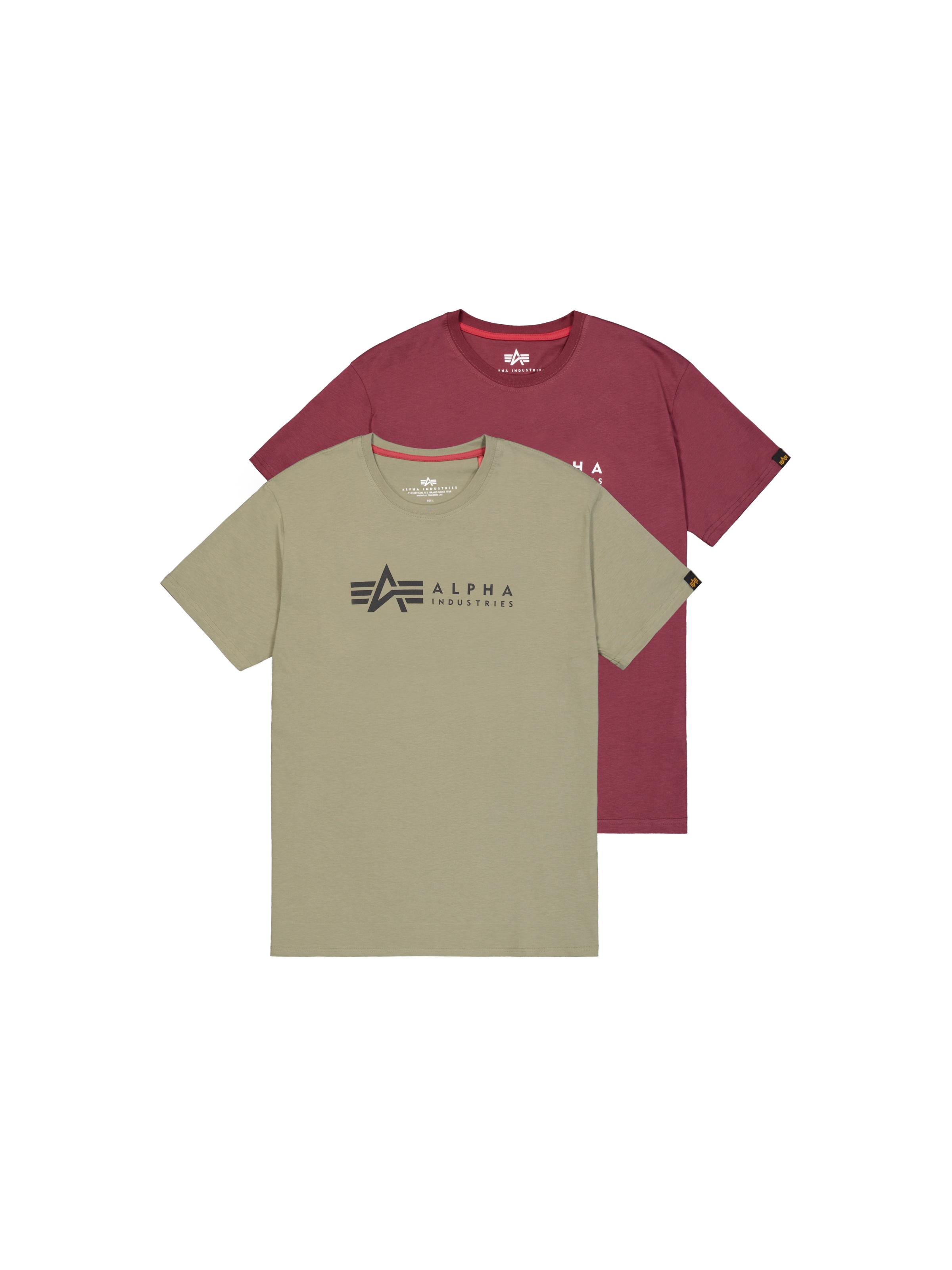 Rundhalsshirt Alpha Industries "Label T 2 Pack", Herren, Gr. S, Bunt (Olive, Burgundy), Single Jersey, Obermaterial: 100% Baumwolle, Unifarben, Normal Normal, Rundhals, Gerader Abschluss, Shirts Rundhalsshirt