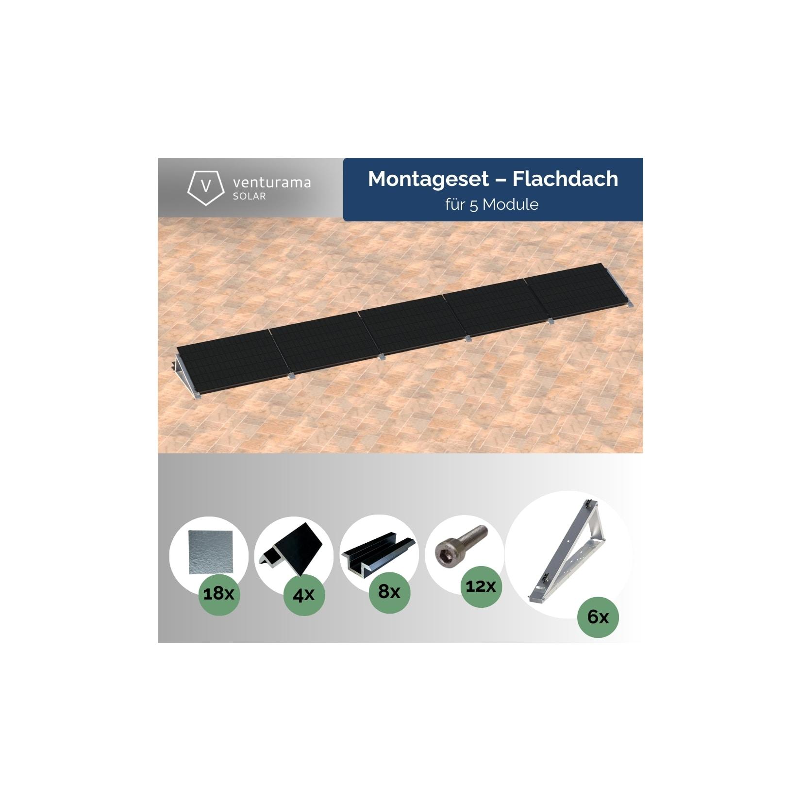Flachdach-Aufständerung - ""Flat-Flex""-Set - für 5 x PV-Module (nebeneinander)