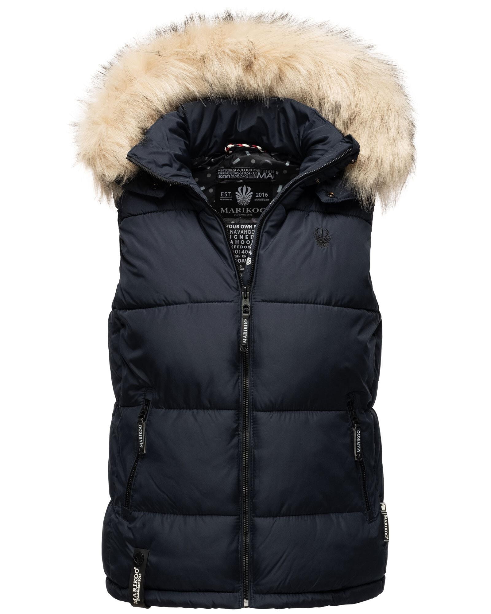 Steppweste Marikoo "EisflöCkchen", Damen, Gr. S (36), Blau (Navy), Obermaterial: 100% Polyester. Innenseite: 100% Polyester. Fellimitat: 90% Polyacryl, 10% Polyester, Westen Steppweste, Warme Steppweste Mit Abnehmbarem Kunstfellkragen