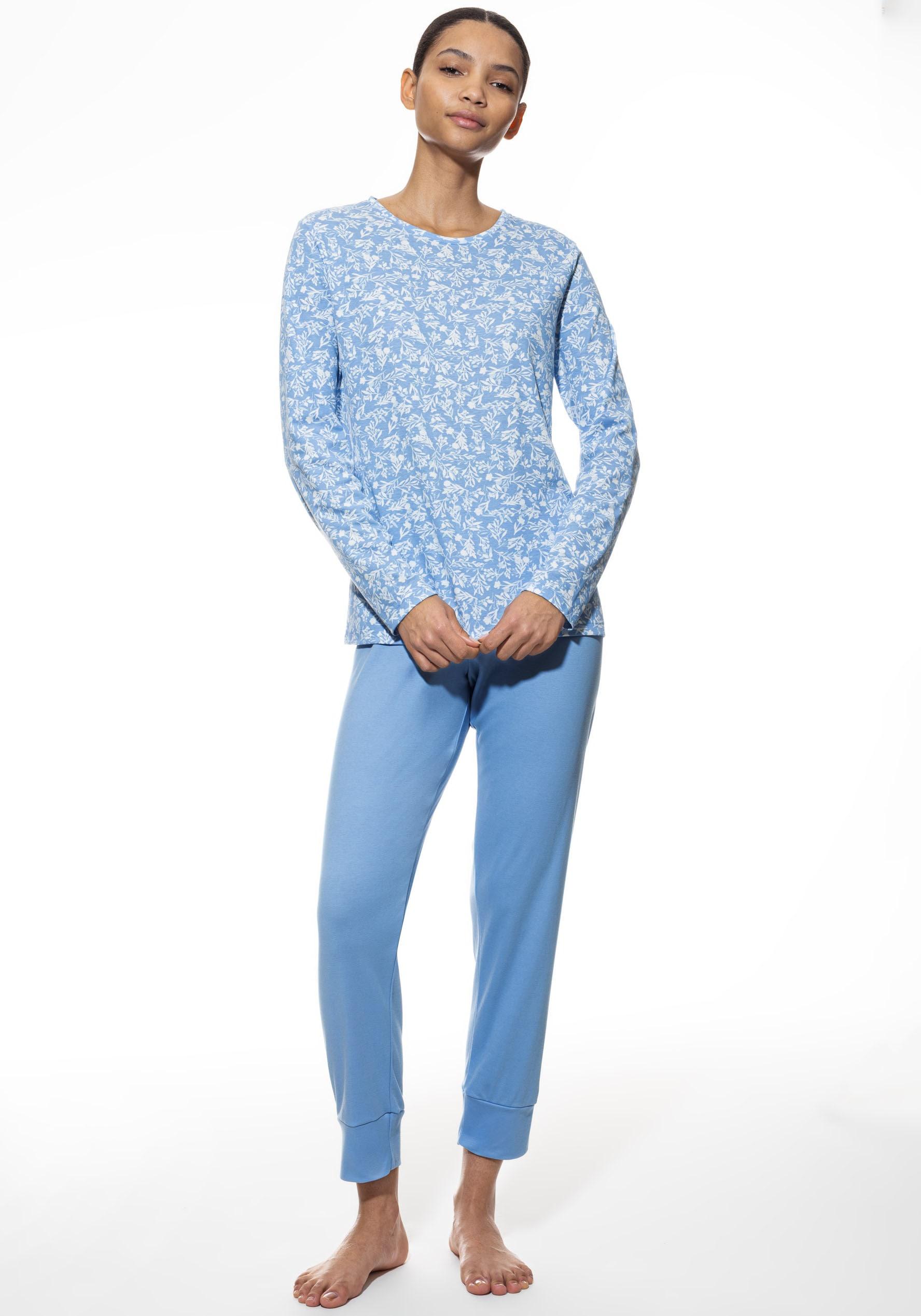 Schlafanzug Mey "Flower Meadow", Damen, Gr. 46, Blau (Blau Silk), Single Jersey, Obermaterial: 100% Baumwolle, Bequem 7/8-LäNge, Rundhals, Homewear-Sets Schlafanzug, Baumwolle, Floral, Bequem, Klassisch, Rundhals-Ausschnitt