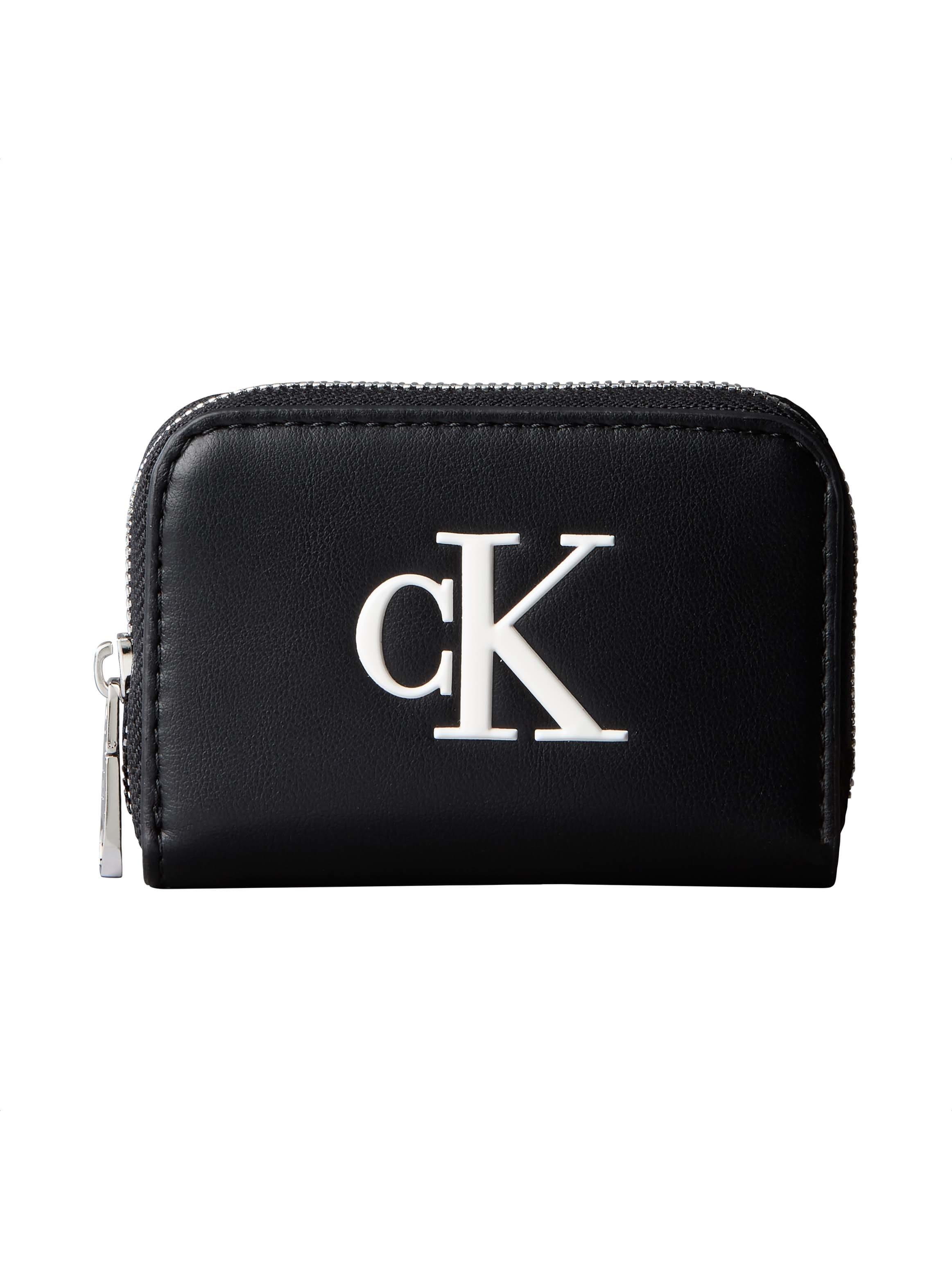 GeldböRse Calvin Klein "Bold Ck Medium Zip Around", Damen, Schwarz, Weiß, Lederimitat, Kleinlederwaren, Damen Portemonnaie, Geldbeutel, Money Pocket Mit Ck-Logo