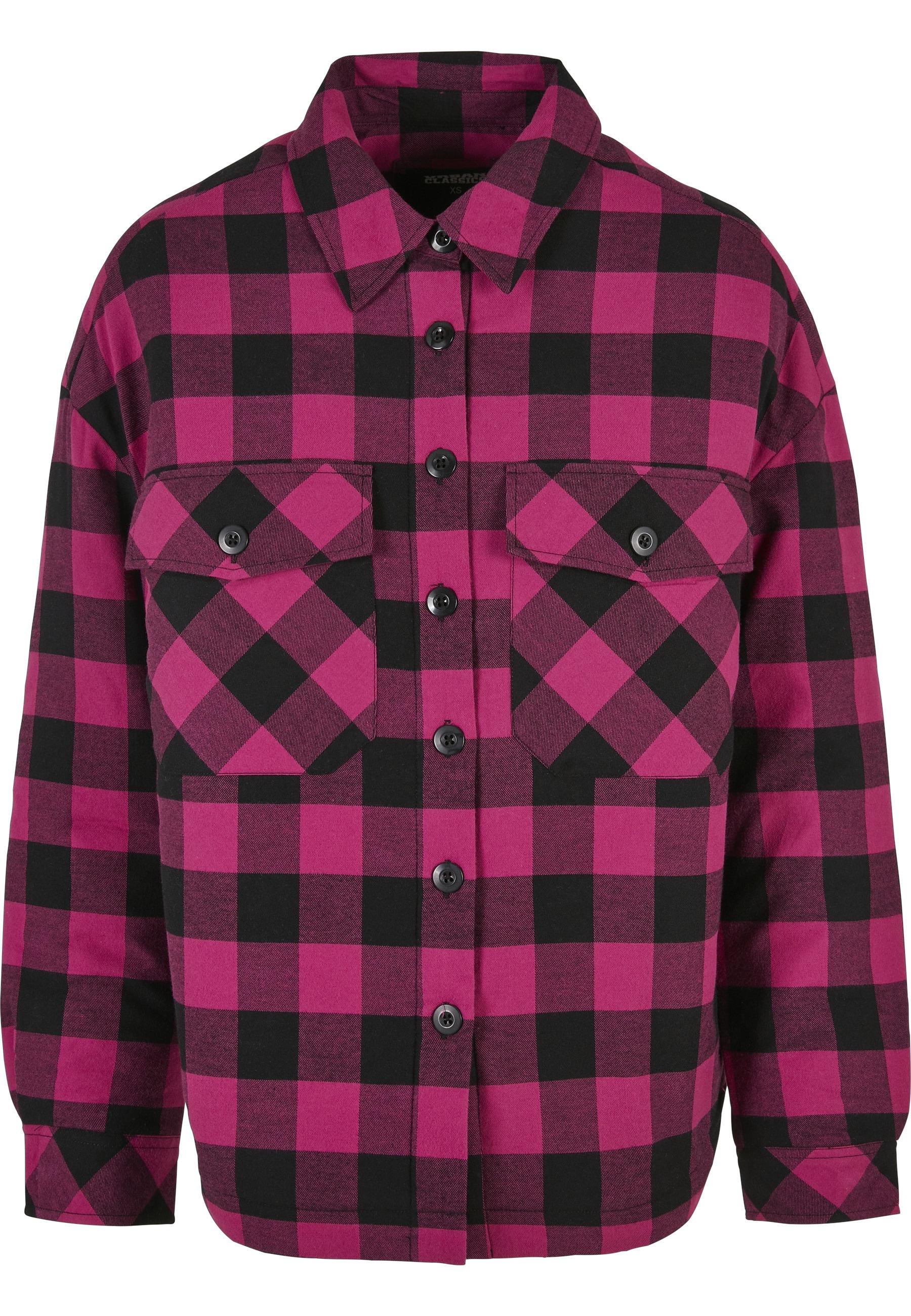Allwetterjacke Urban Classics "Urban Classics Damen Ladies Flanell Padded Overshirt", Damen, Gr. M, Wildviolet, Schwarz, 100% Baumwolle, Mehrfarbig, Normal, Amerikanischer Ausschnitt, Jacken