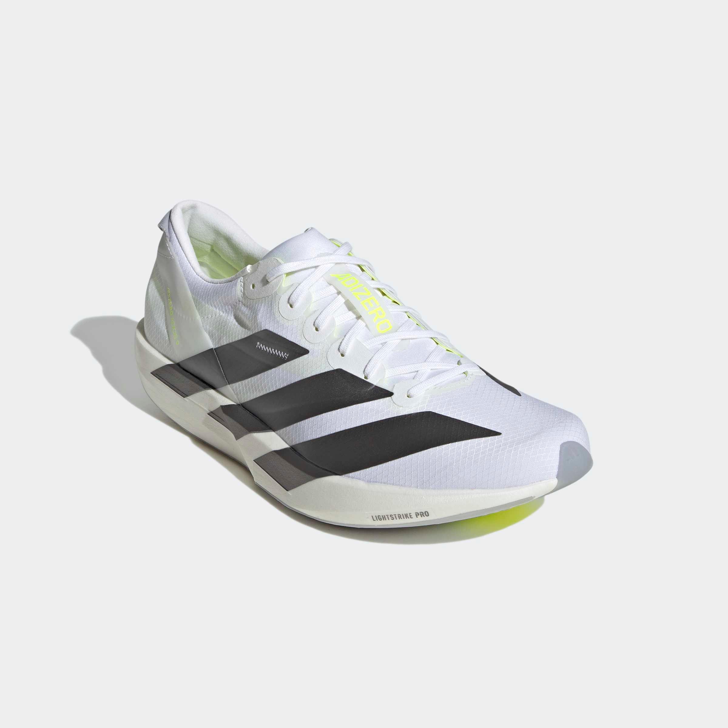 Laufschuh Adidas Performance "Adizero Adios 9", Herren, Gr. 46, Schwarz-Weiß (Cloud Weiß, Iron Metallic, Solar Gelb), Synthetik, Textil, Schuhe Laufschuh