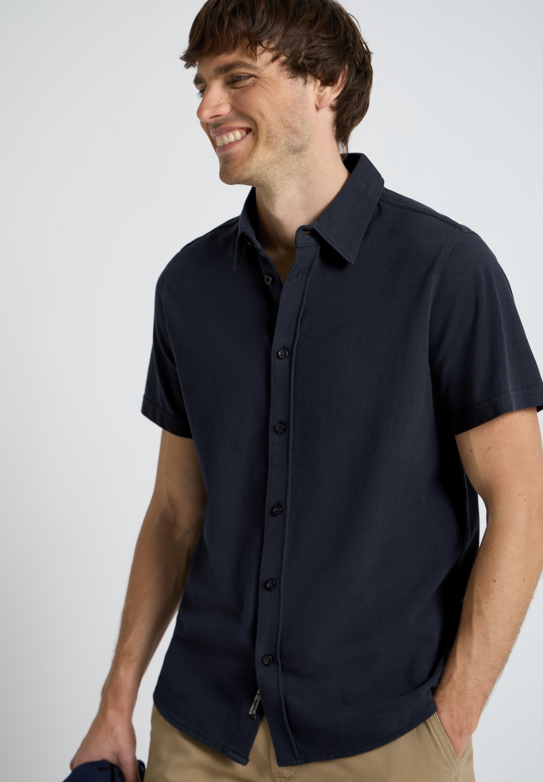Kurzarmhemd Street One Men, Herren, Gr. Xl (44), Us-GrößEn, Schwarz Ink Blau, Web, 100% Baumwolle, Unifarben, Regular Fit Normal, V-Ausschnitt, Abgesteppt, Hemden, Aus Reiner Baumwolle
