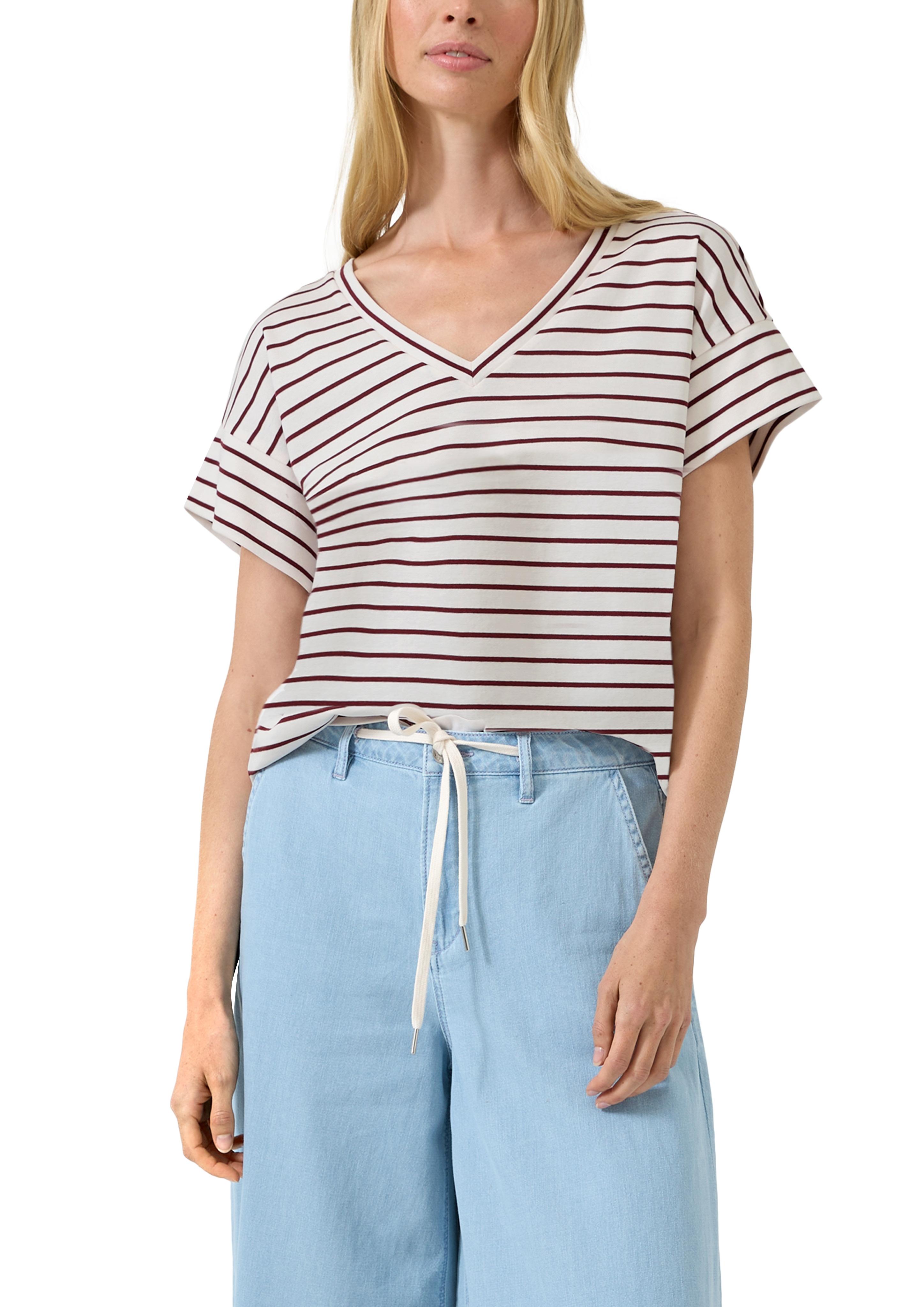 Kurzarmshirt S.Oliver, Damen, Gr. 42, Weiß (Schwarz Pomegranat Stripe), Jersey, Obermaterial: 100% Baumwolle, Gestreift, Normal HüFtlang, V-Ausschnitt, Abgesteppte Kante, Shirts, Sommershirt In Streifen-Optik