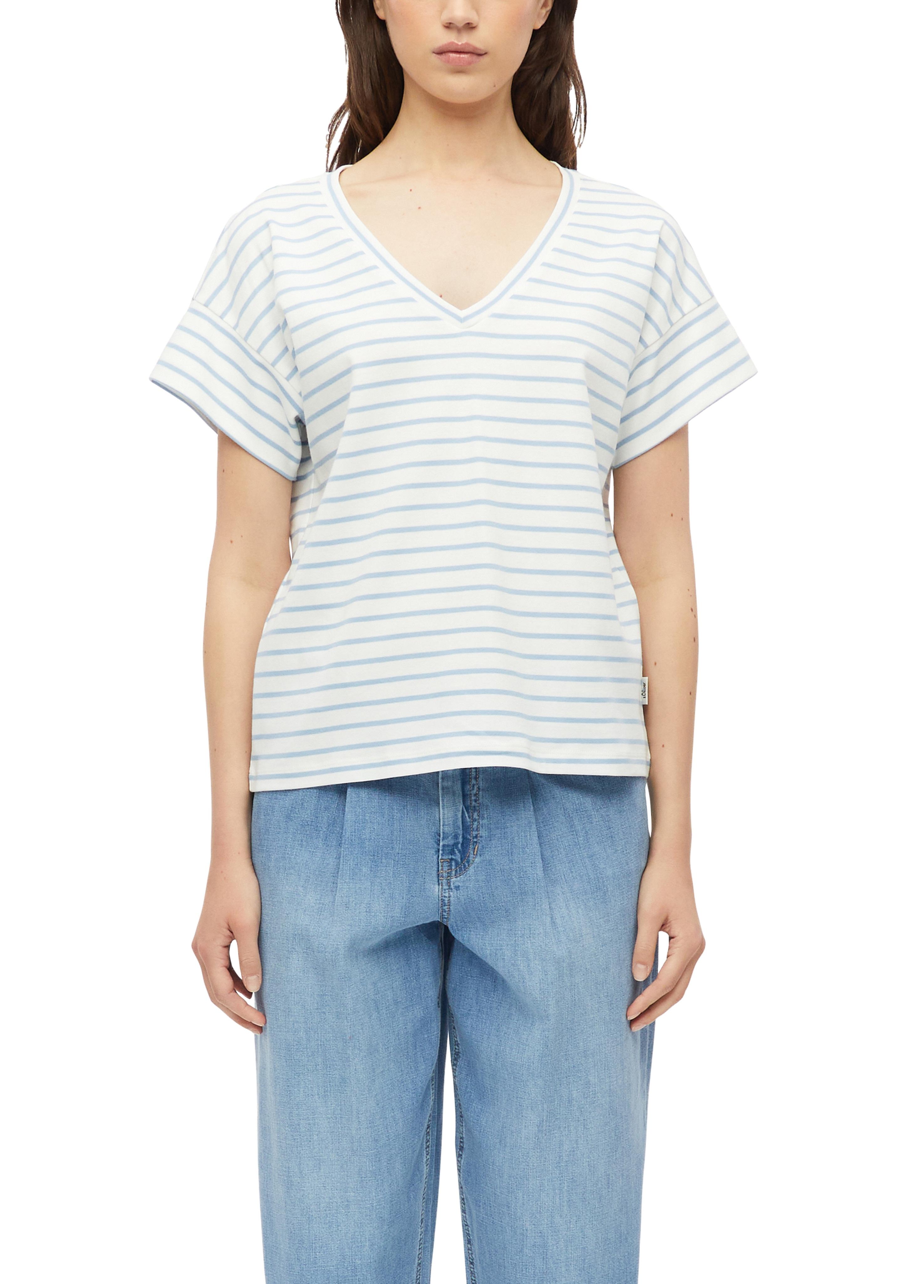 Kurzarmshirt S.Oliver, Damen, Gr. 42, Weiß (Coastal Blau Stripe), Jersey, Obermaterial: 100% Baumwolle, Gestreift, Normal HüFtlang, V-Ausschnitt, Abgesteppte Kante, Shirts, Sommershirt In Streifen-Optik