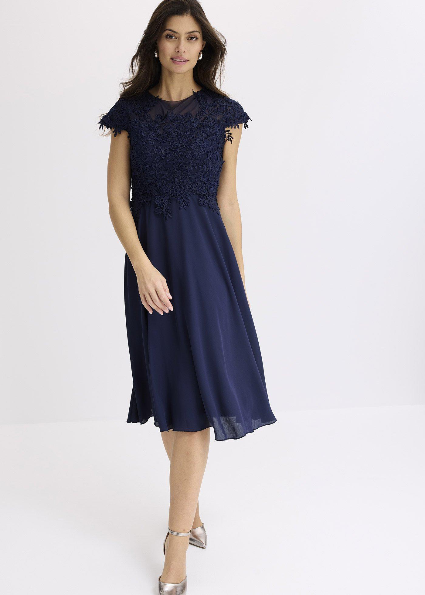 bonprix Midikleid Aus Zartem TüLl Mit Spitze, Blau, Gr.38, Romantisch Und Feminin: Cocktailkleid In Midi-LäNge Aus Zartem TüLl Mit Spitze