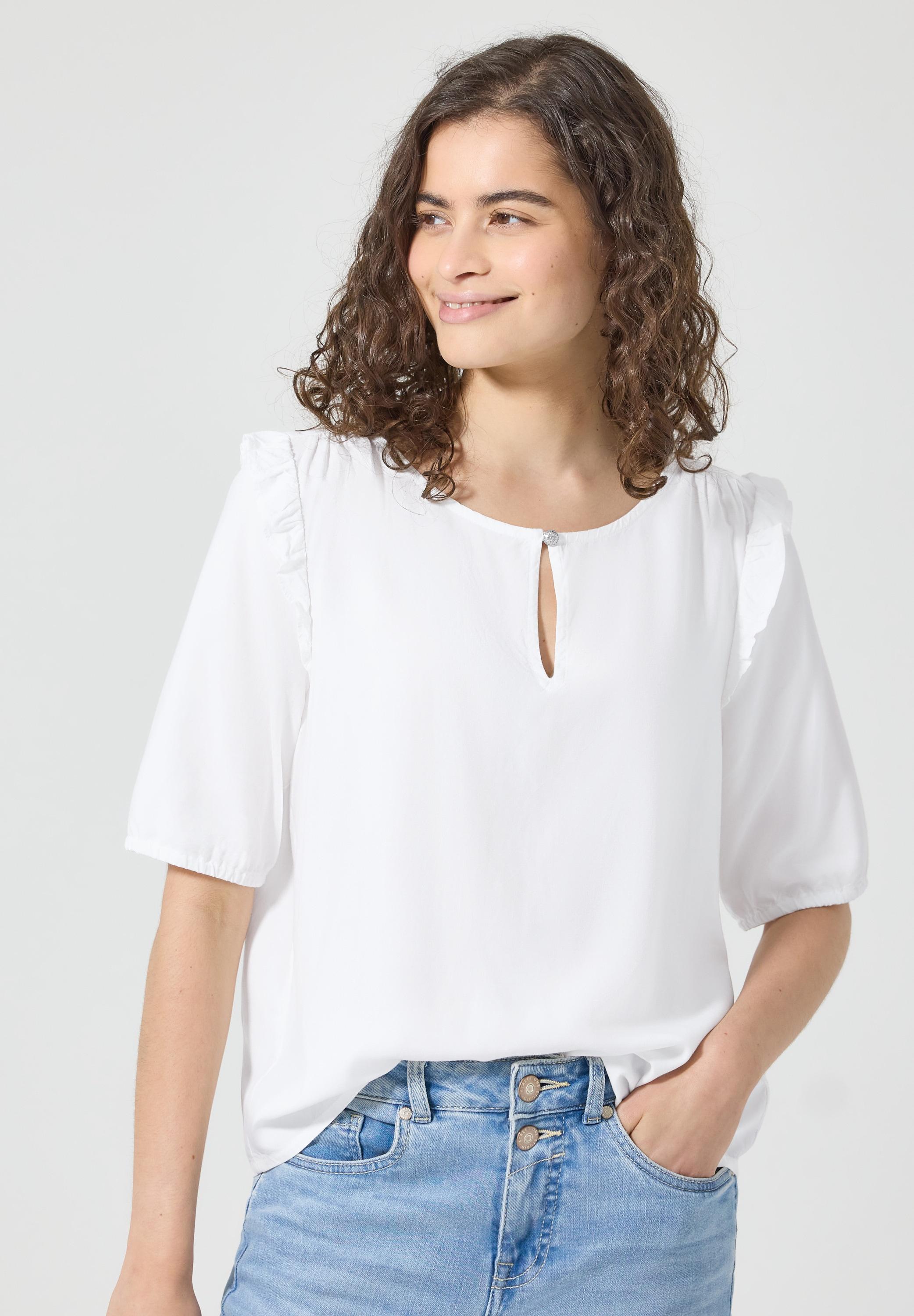 Kurzarmbluse Street One Studio, Damen, Gr. 36, Weiß, Stoff, 100% Viskose, Unifarben, Klassisch Normal, Rundhals, BüNdchen, Blusen, Mit Cut-Out Detail