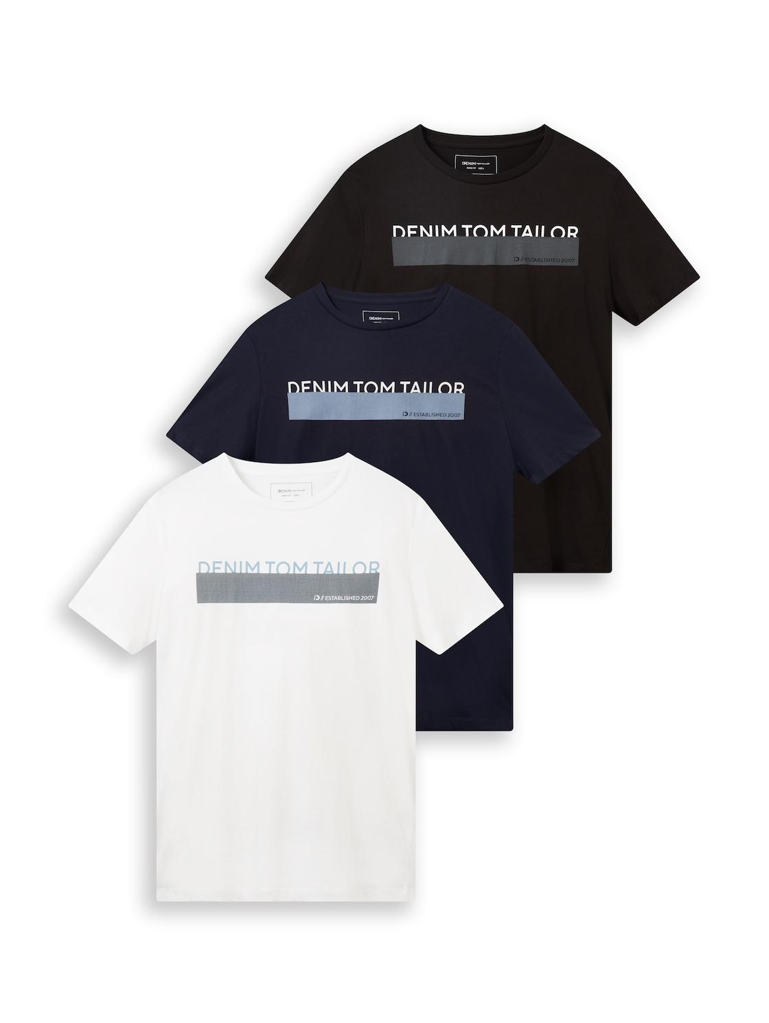 Tom Tailor Denim Herren T-Shirt Mit Print Im 3Er-Pack, Schwarz, Uni, Gr. S