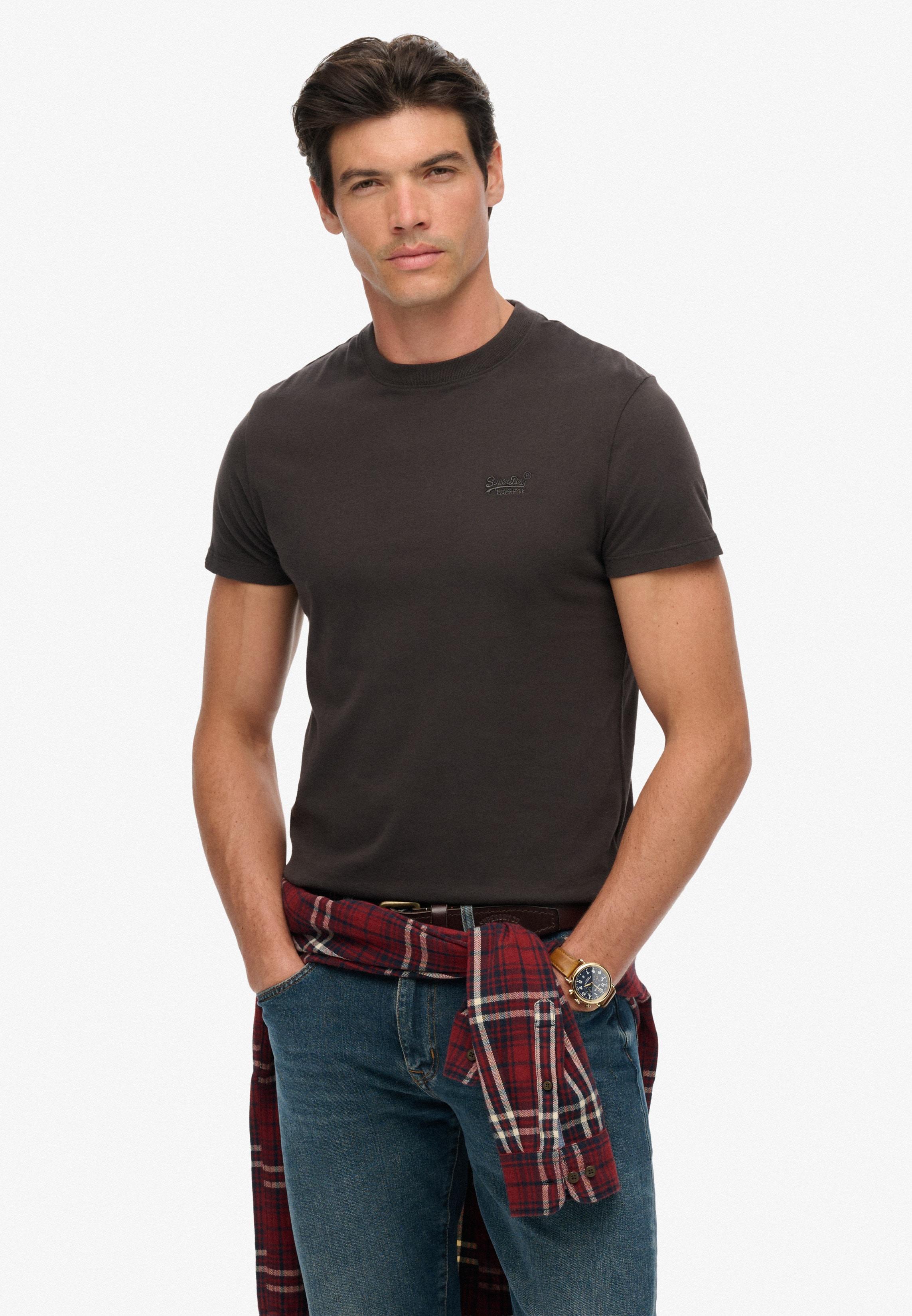 Rundhalsshirt Superdry "Essential Logo Emb Tee", Herren, Gr. 3XL, Carbon Schwarz, Single Jersey, Obermaterial: 100% Baumwolle, Bedruckt, Slim Fit HüFtlang, Rundhals, Shirts Rundhalsshirt