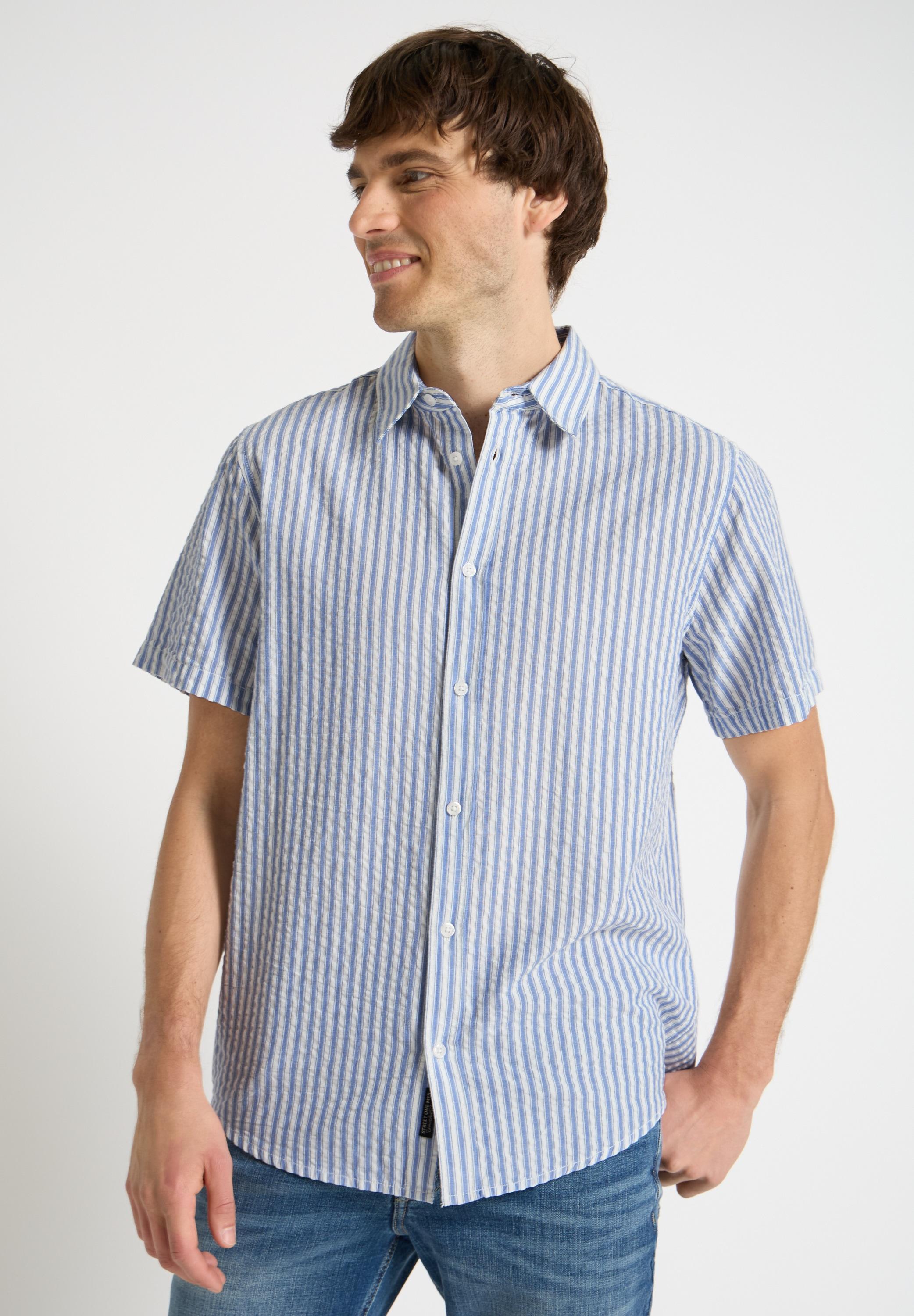 Kurzarmhemd Street One Men, Herren, Gr. M (40), Us-GrößEn, Hellweiß, Web, 100% Baumwolle, Gestreift, Regular Fit Normal, V-Ausschnitt, Abgesteppt, Hemden, Aus Reiner Baumwolle