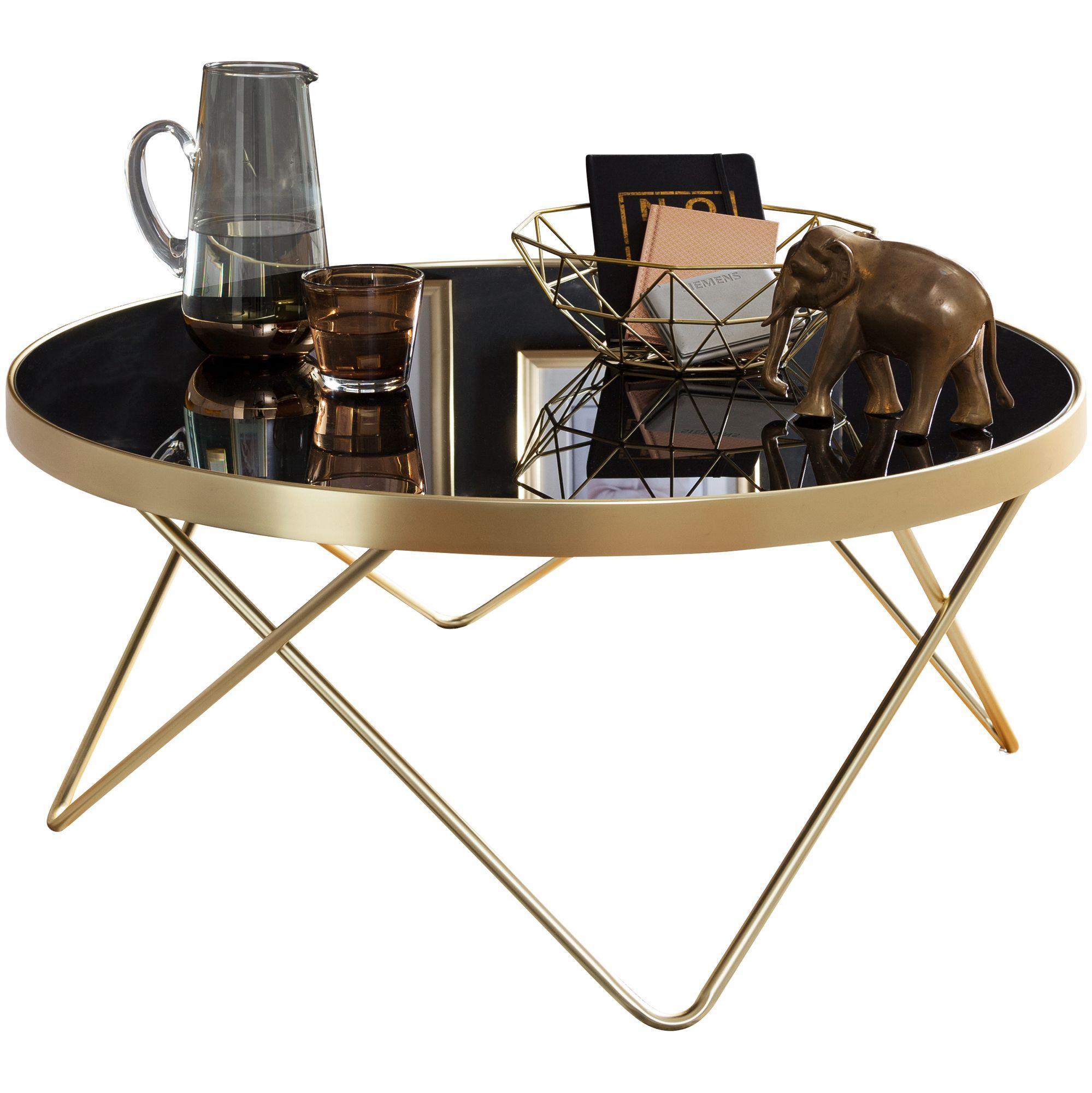 Beistelltisch Schwarz Glasplatte Goldene Beine Retro-Stil 82Cm Durchmesser