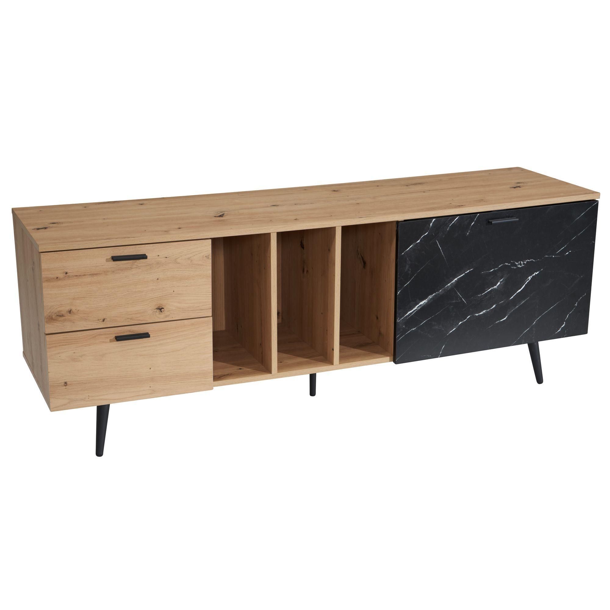 TV-LOWBOARD Mit Eiche-Dekor, TüR Und Schubladen, Kompakte Aufteilung, Braun-Schwarz/Marmoroptik 150X40X55 Cm