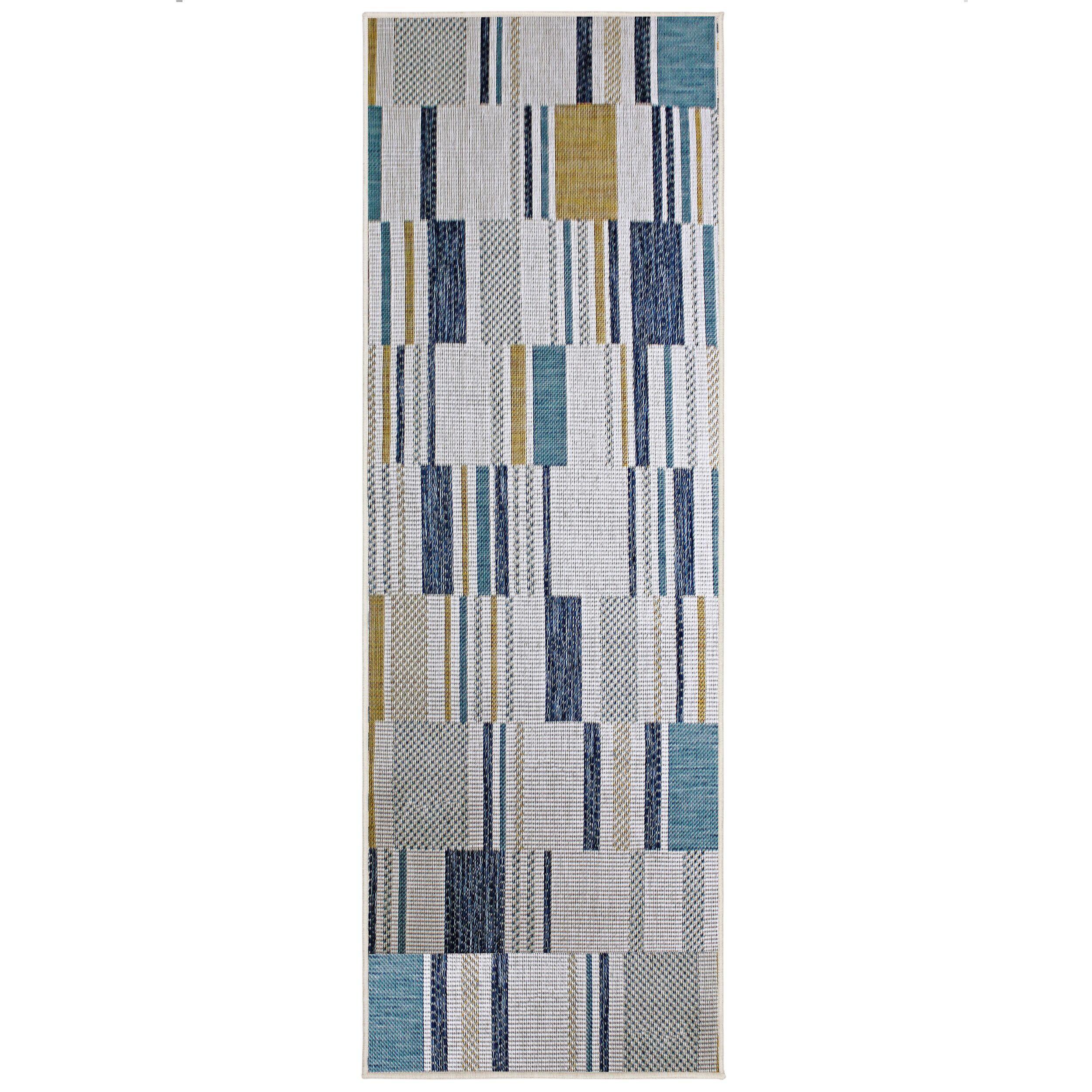 Outdoorteppich Waschbar Fleet, Geometrisch, Blau-Gelb, 80 X 230 Cm
