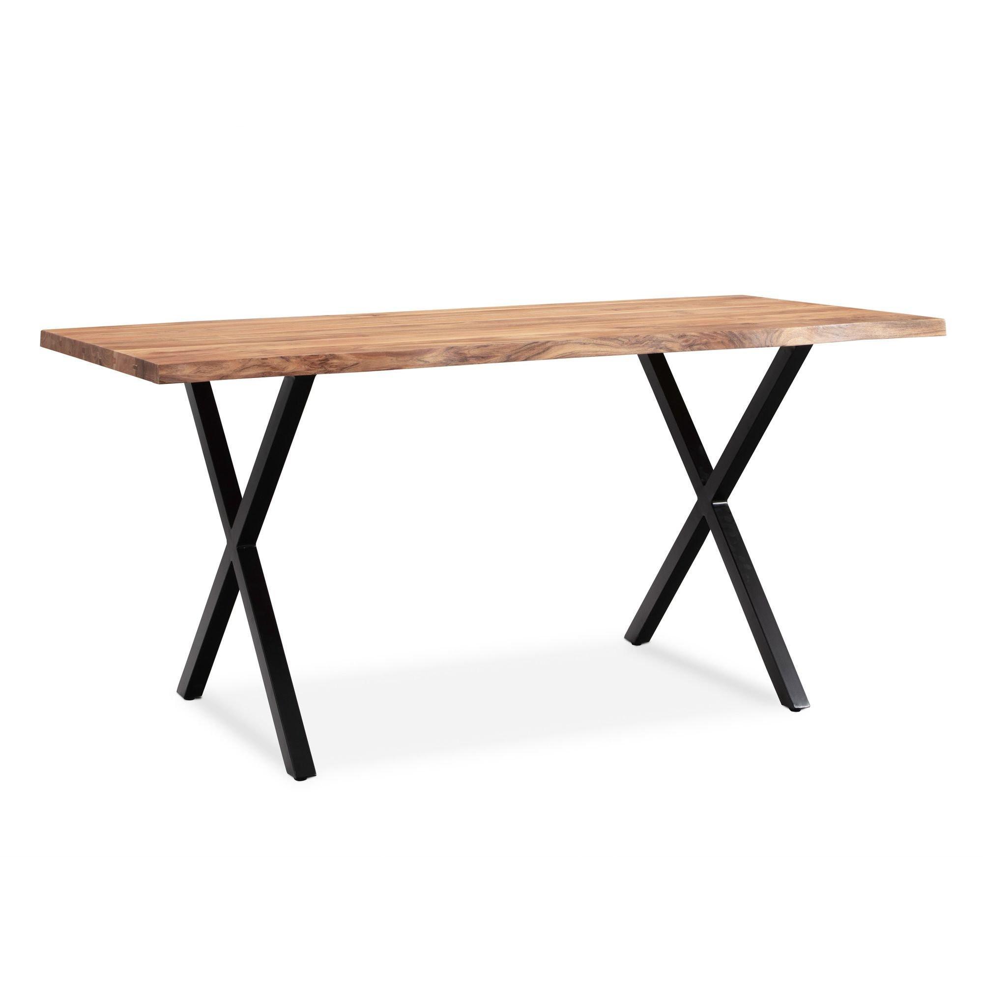 Schreibtisch Massivholz X-Gestell Baumkante Handgefertigt Kreta, Goldbraun-Schwarz 200X100X76 Cm