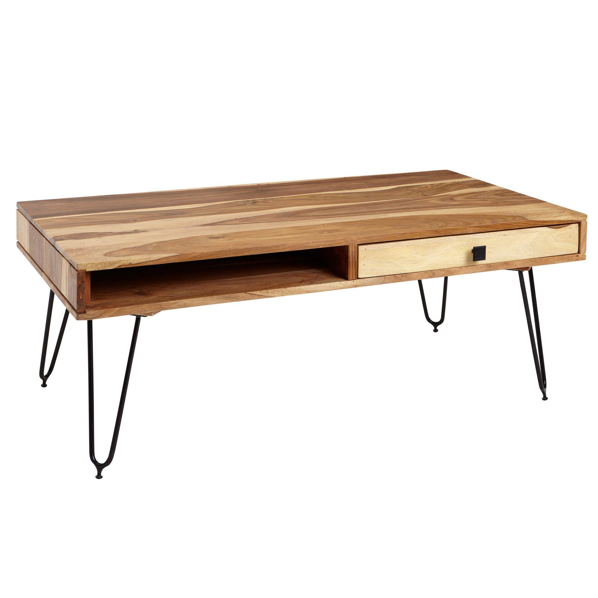 Couchtisch Balu Mit SchubfäChern Aus Massivholz Und MetallfüßEn, Leichter Aufbau, Beige 110X60X60 Cm