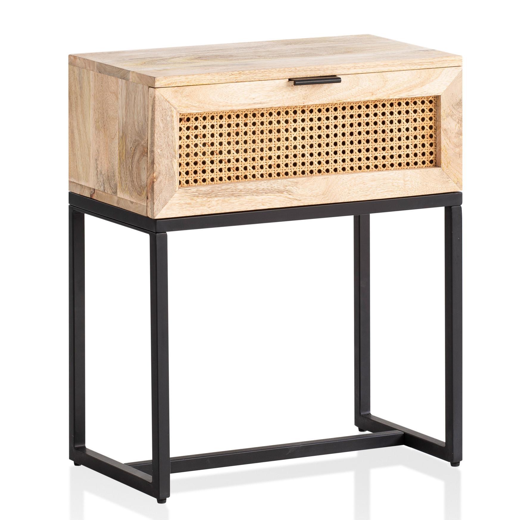 Nachttisch – Mango Massivholz/Rattan, 50X60X30 Cm, 1 Schublade, Wiener Geflecht