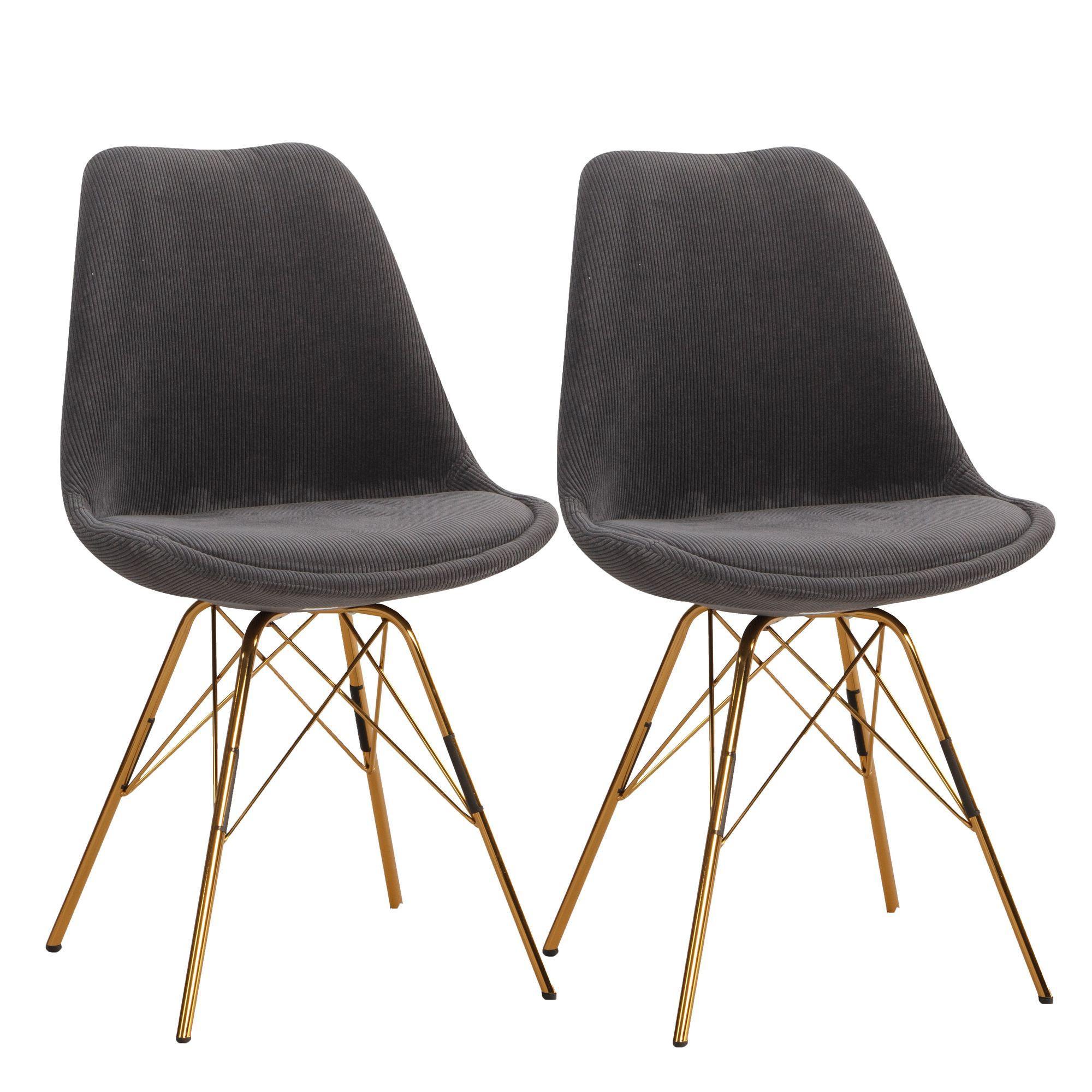 Esszimmerstuhl 2Er Set Cordstoff Mit Metallgestell Schalenform Skandinavisch Gepolstert, Anthrazit 48X58X85 Cm
