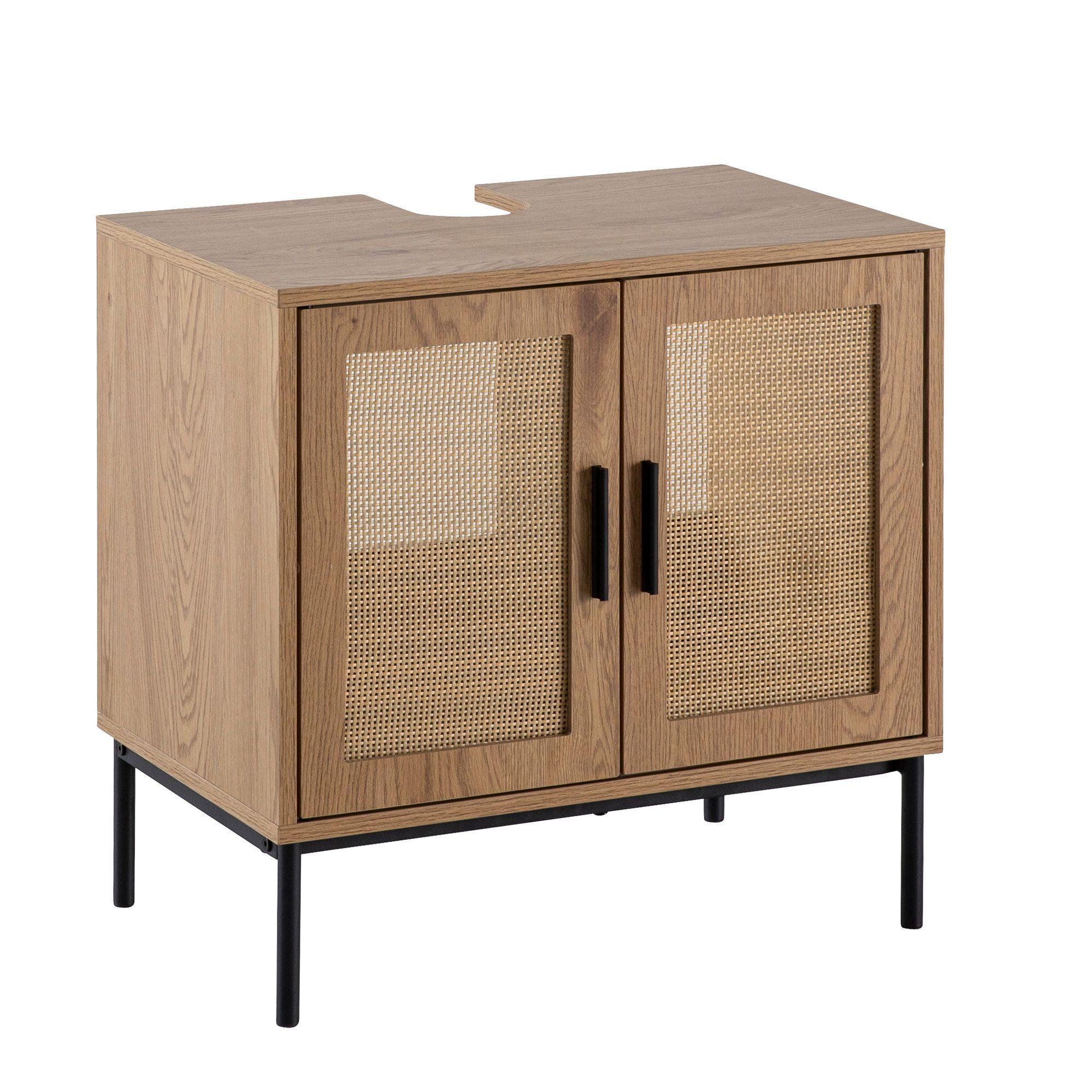 Waschbeckenunterschrank Eiche-Optik 60X60X40 Cm Mit TüRen Und Rattangeflecht