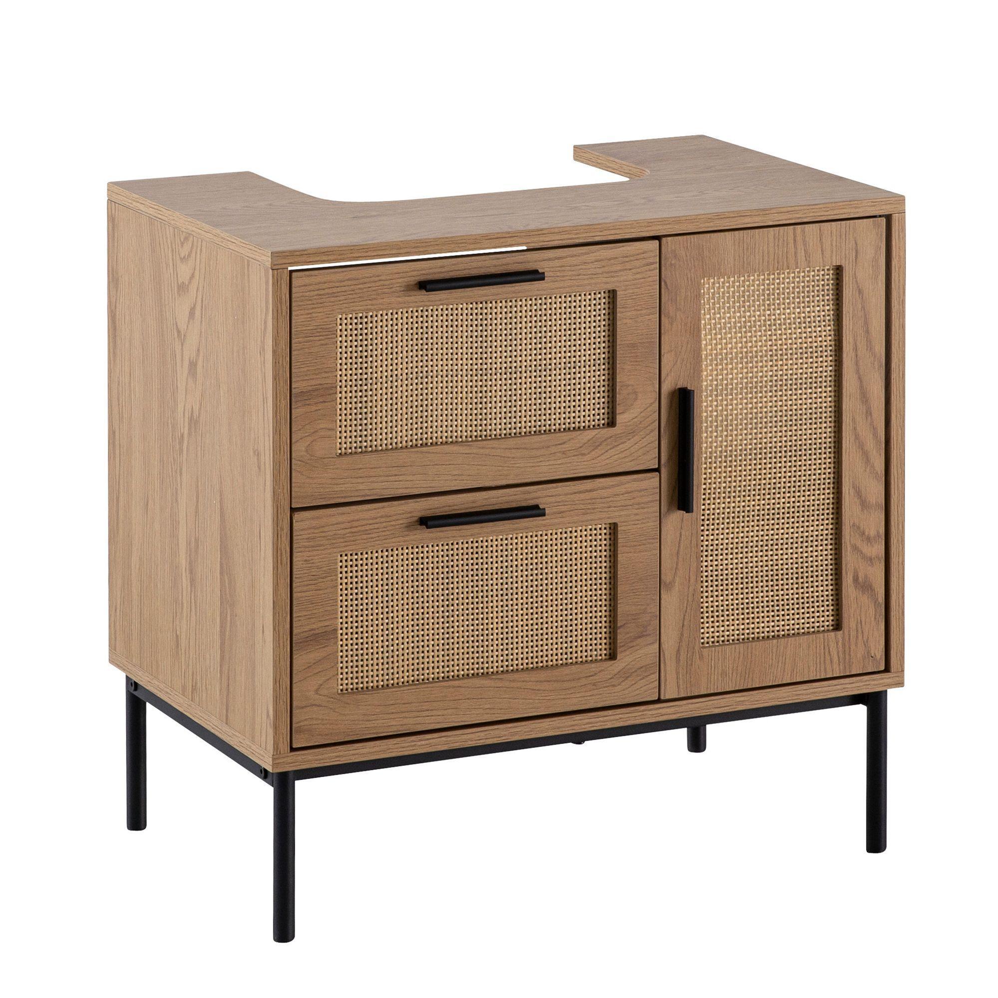 Waschbeckenunterschrank Eiche-Optik 60X60X40 Cm Mit TüR, Schubladen Und Rattangeflecht