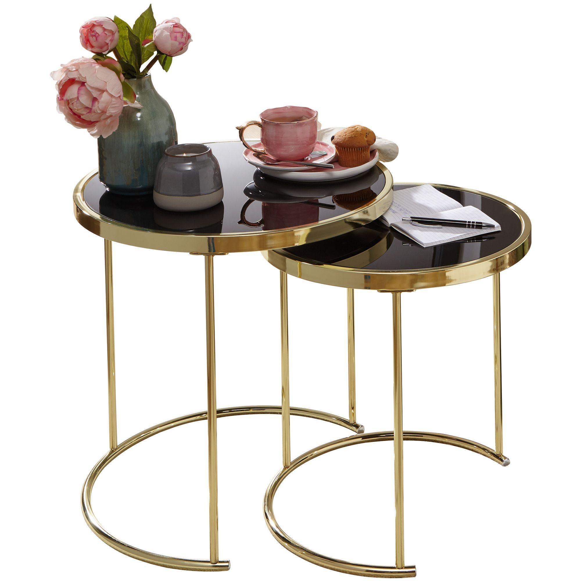 Satztisch Set – 2-Teilig Metall Hochglanz Schwarzes Glas 50/42 Cm