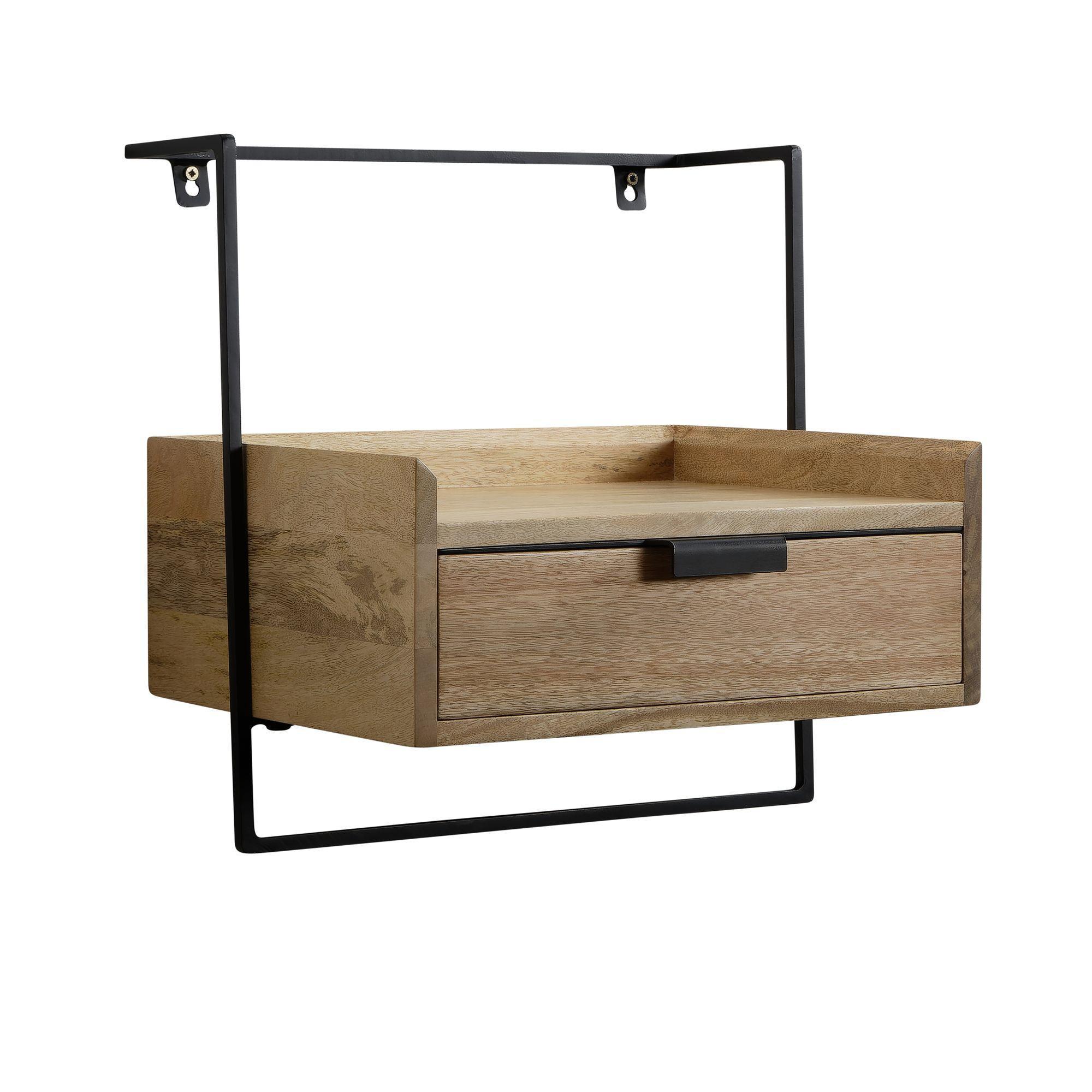 Nachttisch Mango Massivholz Wandmontage Schublade Boxspringbett, Beige 44X35X45 Cm