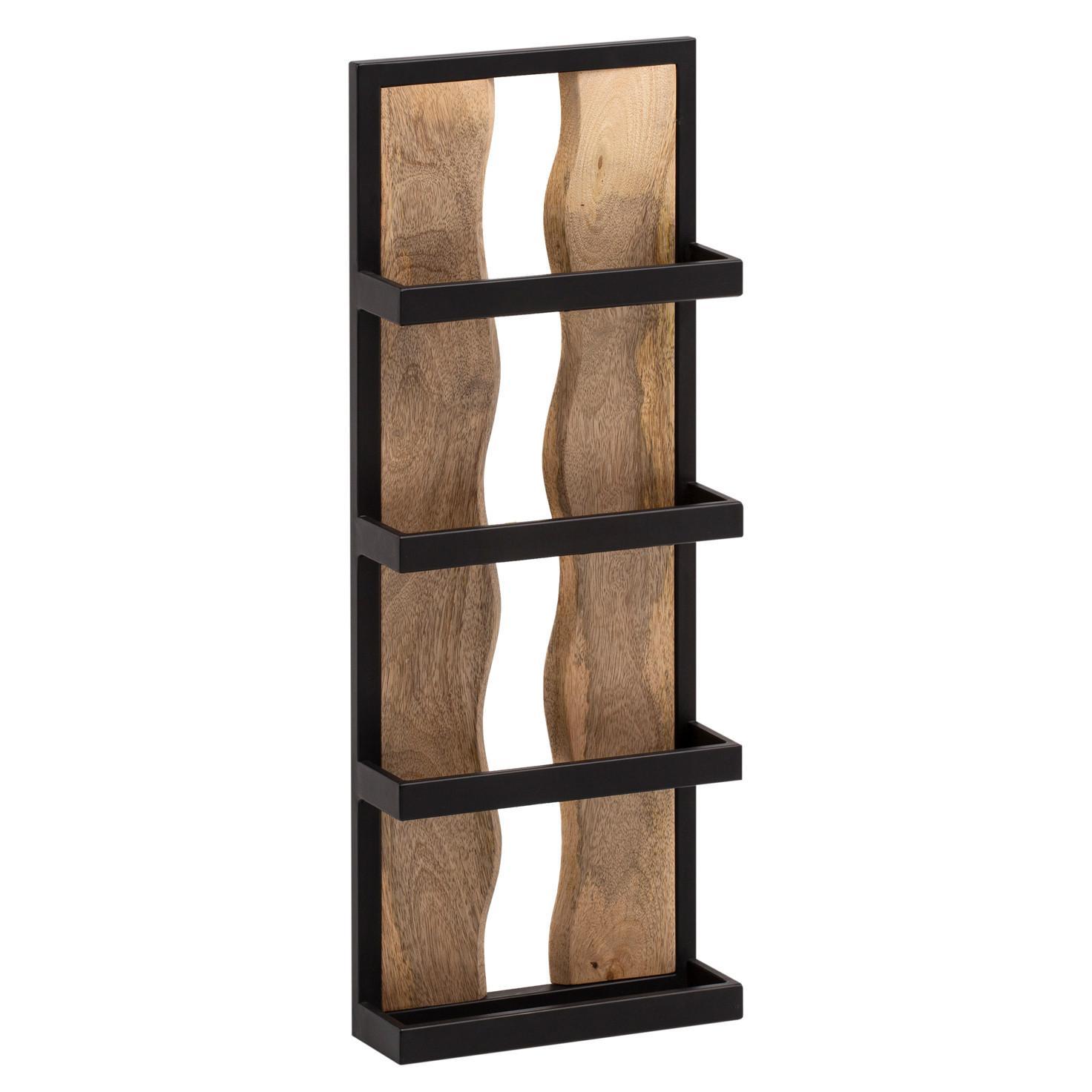 Wandregal Mango Massivholz Metall Industrial Stil 30X80X10 Cm Rechteckig Mit 4 Ablagen Und Wellenmuster